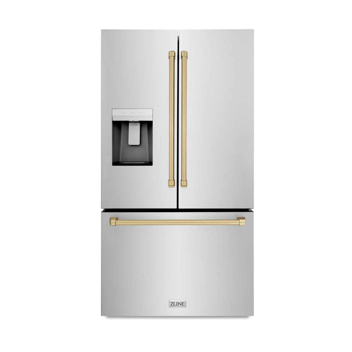 ZLINE Autograph Edition 36 in. 28.9 cu. ft. Standard-Depth French Door External Water Dispenser Refrigerator with Dual Ice Maker in Fingerprint-Resistant Stainless Steel and Champagne Bronze Traditional Handles (RSMZ-W-36-CB)