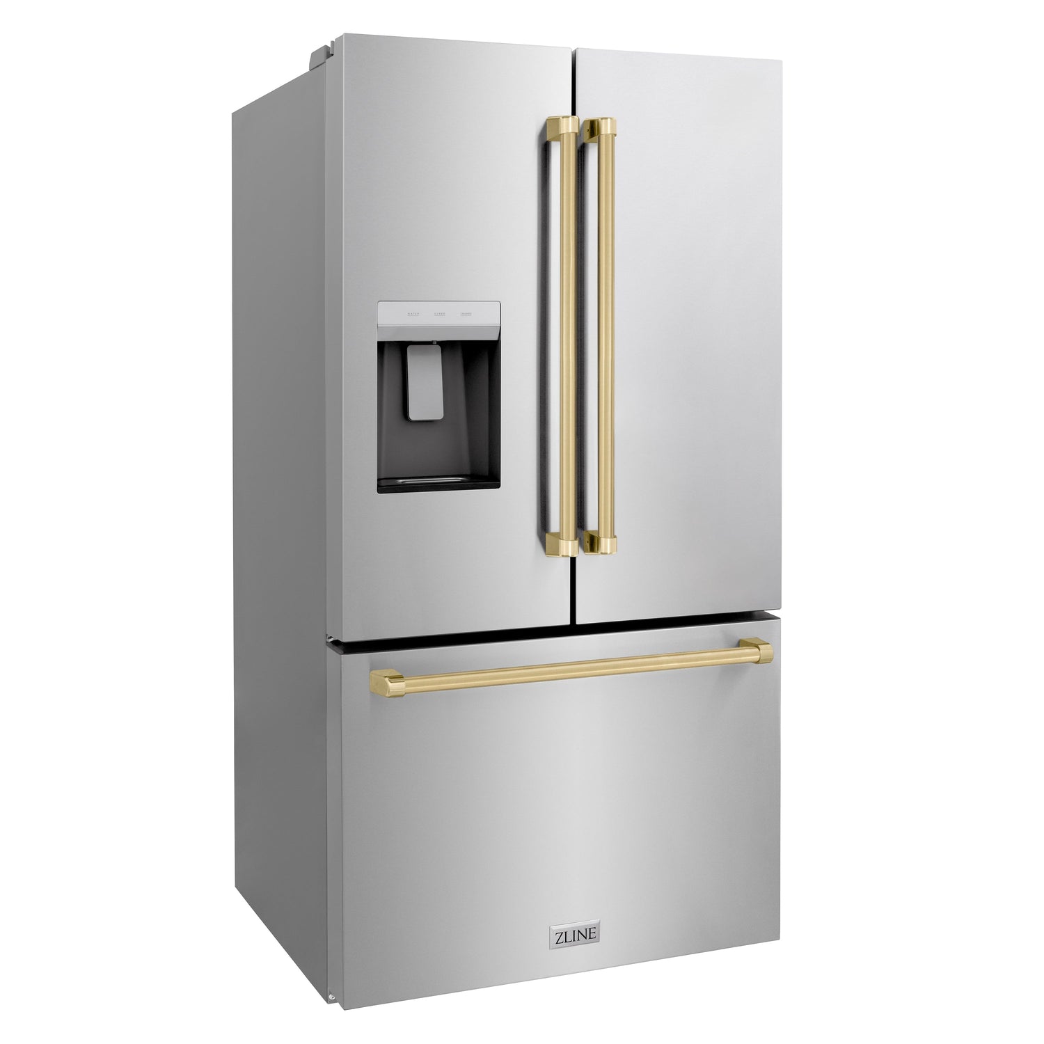 ZLINE Autograph Edition 36 in. 28.9 cu. ft. Standard-Depth French Door External Water Dispenser Refrigerator with Dual Ice Maker in Fingerprint-Resistant Stainless Steel and Champagne Bronze Traditional Handles (RSMZ-W-36-CB)