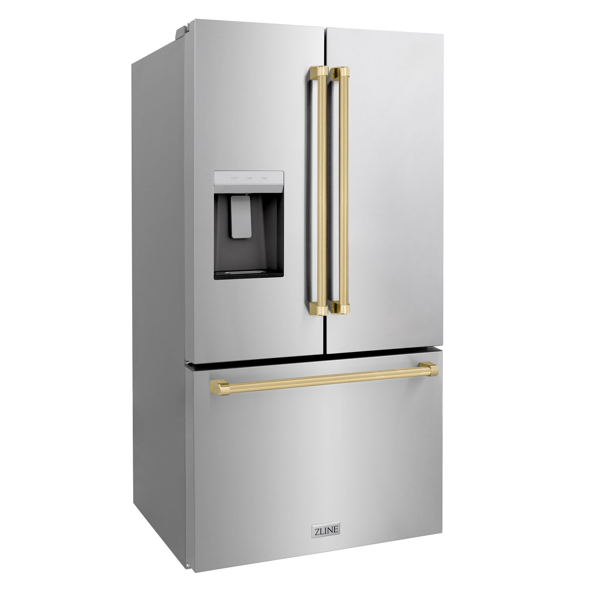 ZLINE Autograph Edition 36 in. 28.9 cu. ft. Standard-Depth French Door External Water Dispenser Refrigerator with Dual Ice Maker in Fingerprint-Resistant Stainless Steel and Champagne Bronze Traditional Handles (RSMZ-W-36-CB)