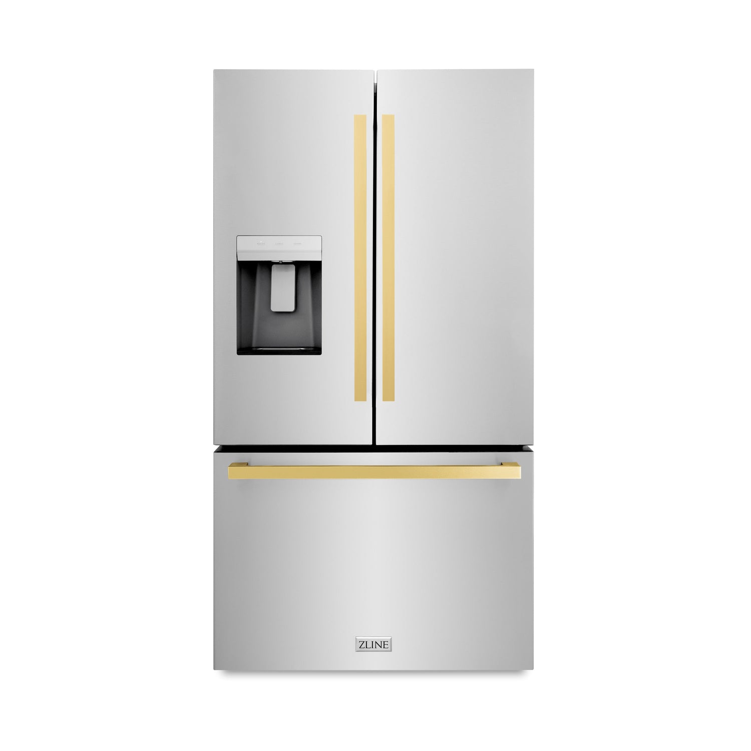 ZLINE Autograph Edition 36 in. 28.9 cu. ft. Standard-Depth French Door External Water Dispenser Refrigerator with Dual Ice Maker in Fingerprint-Resistant Stainless Steel and Polished Gold Modern Handles (RSMZ-W-36-FG)