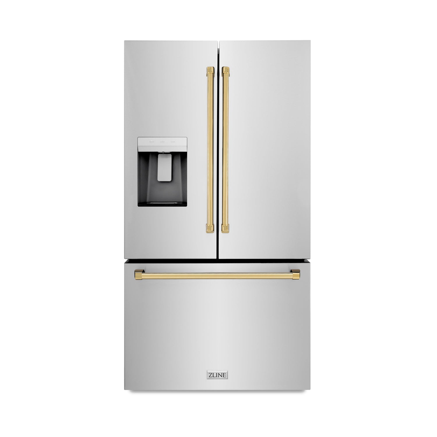ZLINE Autograph Edition 36 in. 28.9 cu. ft. Standard-Depth French Door External Water Dispenser Refrigerator with Dual Ice Maker in Fingerprint-Resistant Stainless Steel and Polished Gold Traditional Handles (RSMZ-W-36-G)