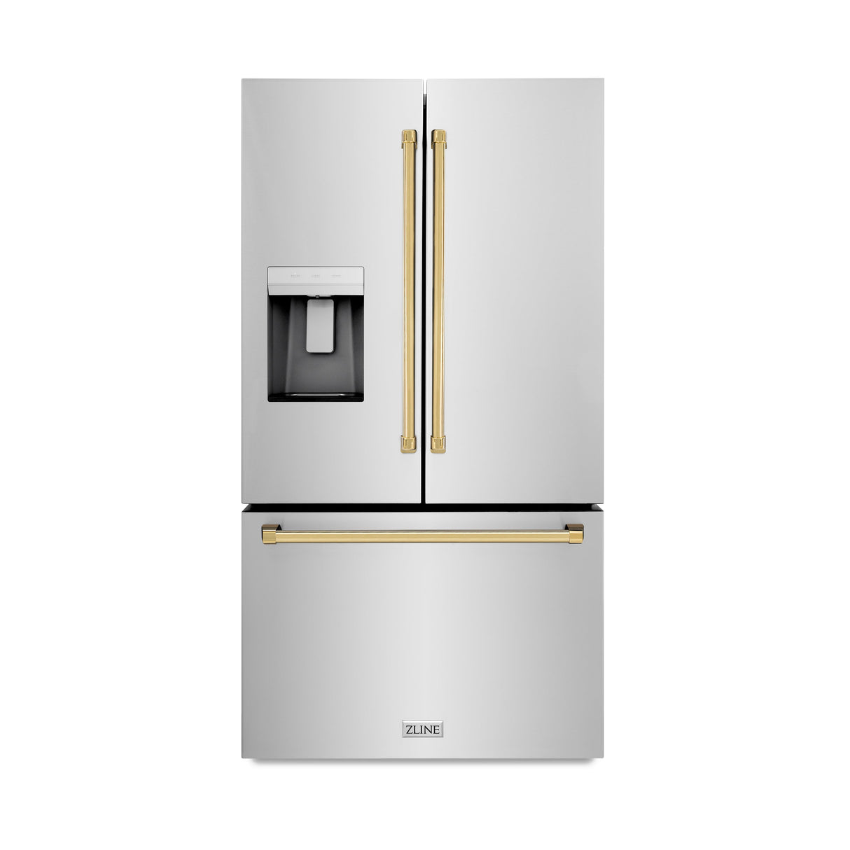 ZLINE Autograph Edition 36 in. 28.9 cu. ft. Standard-Depth French Door External Water Dispenser Refrigerator with Dual Ice Maker in Fingerprint-Resistant Stainless Steel and Polished Gold Traditional Handles (RSMZ-W-36-G)