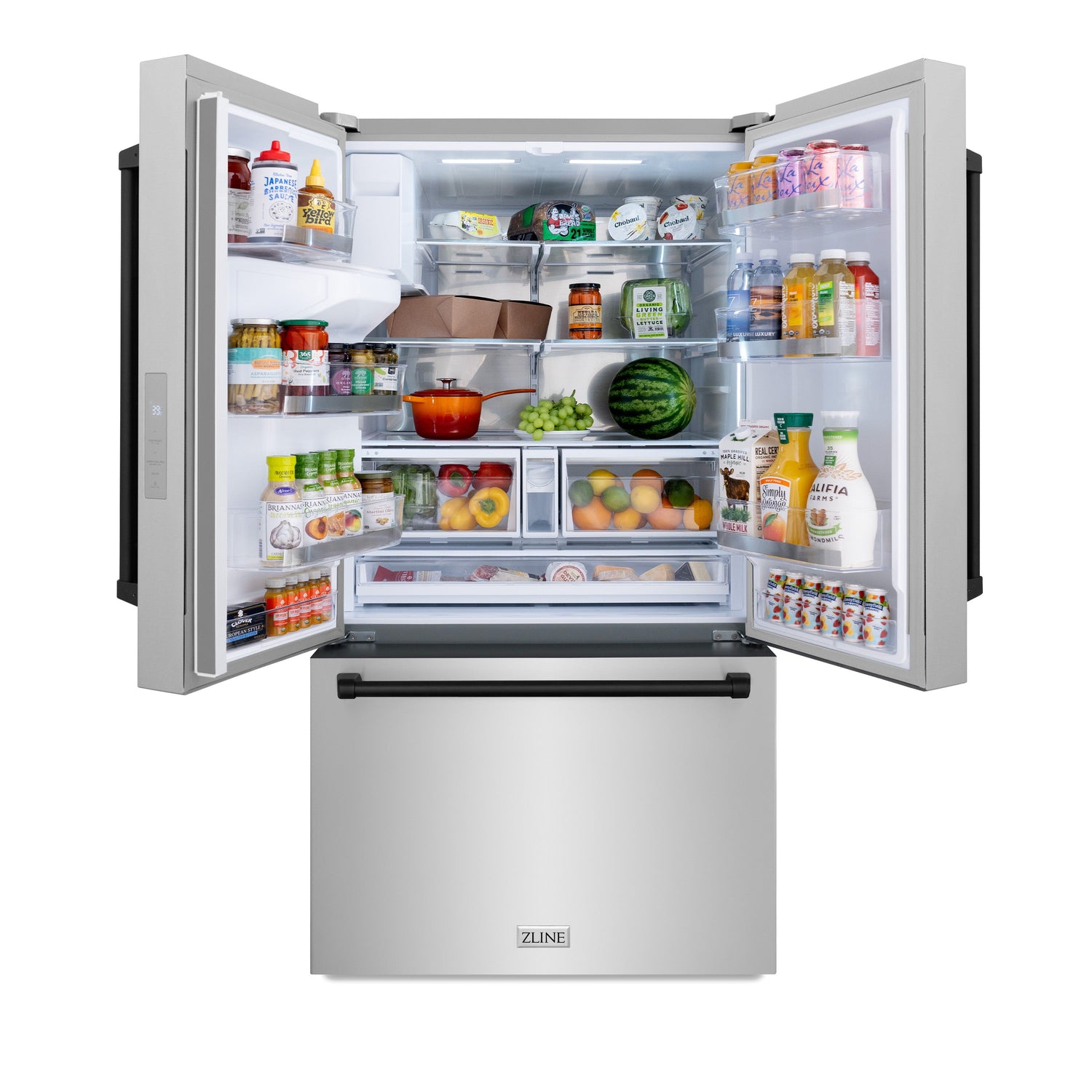 ZLINE Autograph Edition 36 in. 28.9 cu. ft. Standard-Depth French Door External Water Dispenser Refrigerator with Dual Ice Maker in Fingerprint-Resistant Stainless Steel and Matte Black Traditional Handles (RSMZ-W-36-MB)