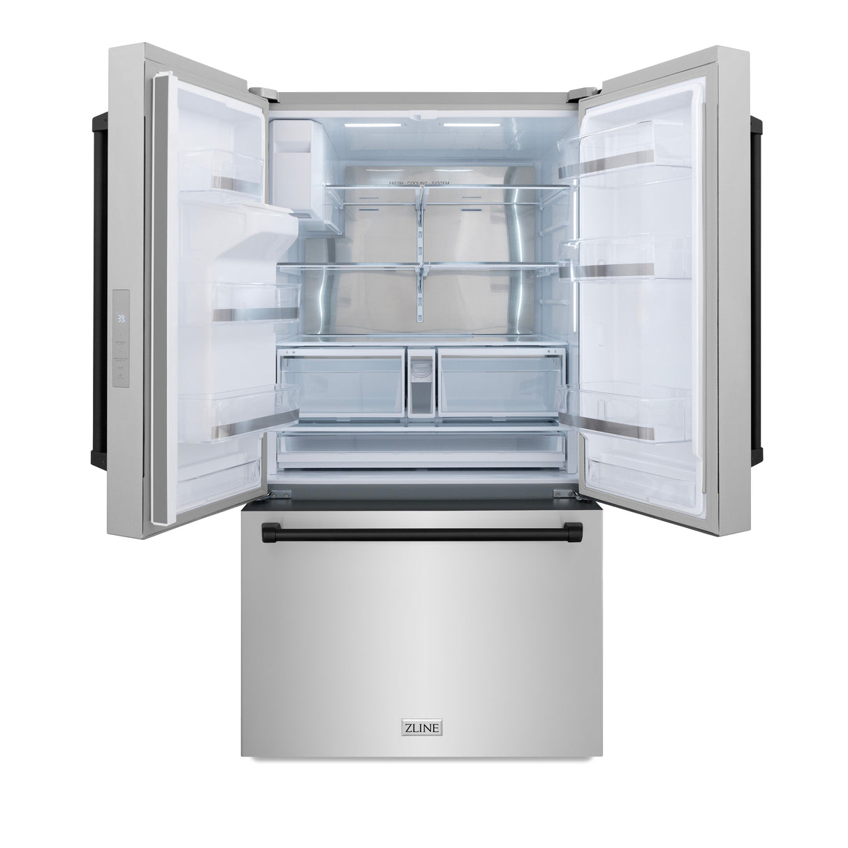 ZLINE Autograph Edition 36 in. 28.9 cu. ft. Standard-Depth French Door External Water Dispenser Refrigerator with Dual Ice Maker in Fingerprint-Resistant Stainless Steel and Matte Black Traditional Handles (RSMZ-W-36-MB)