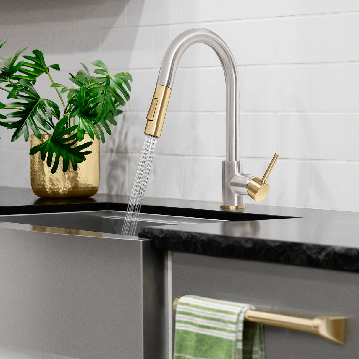 ZLINE Autograph Edition Gemini Pull Down Single Handle Kitchen Faucet in Brushed Nickel and Champagne Bronze (GEM-KF-ZBNCB)