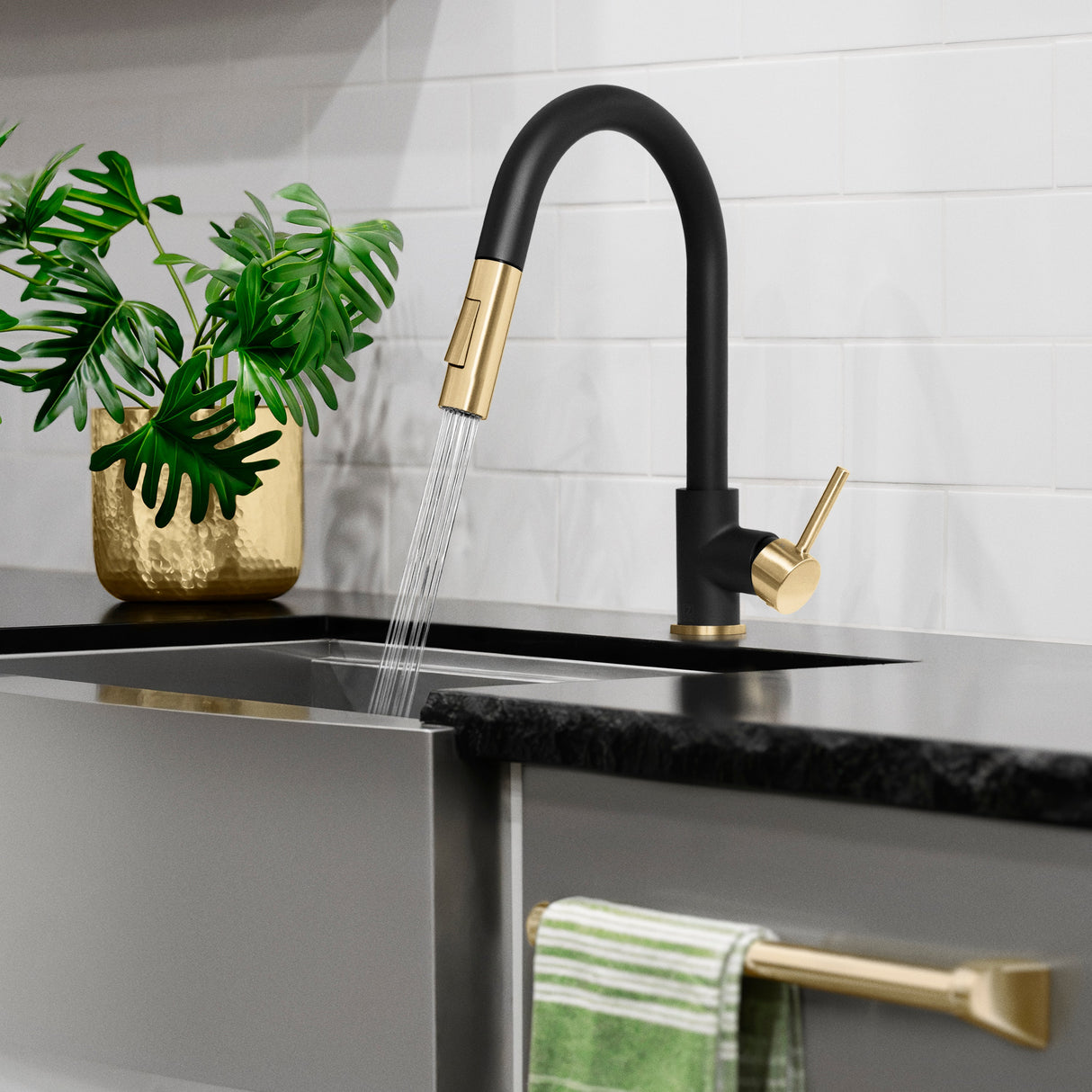 ZLINE Autograph Edition Gemini Pull Down Single Handle Kitchen Faucet in Matte Black and Champagne Bronze (GEM-KF-ZMBCB)