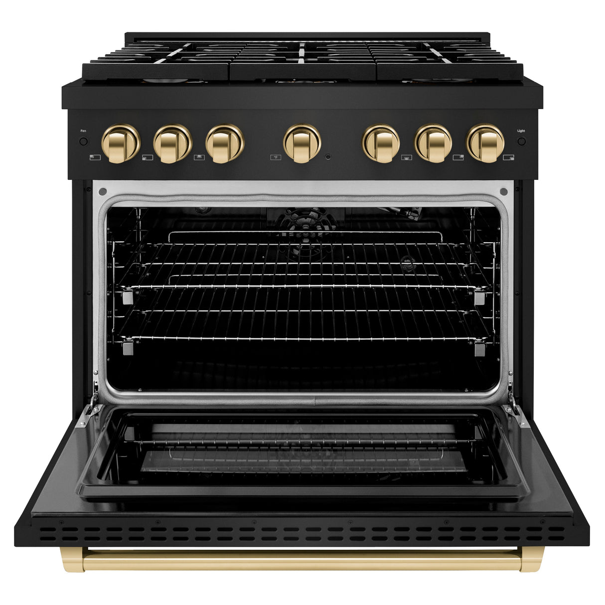 ZLINE Autograph Edition 36 in. 5.2 cu. ft. Paramount Gas Range with 6 Burner Cooktop and Convection Gas Oven in Black Stainless Steel and Polished Gold Accents (SGRBZ-36-G)