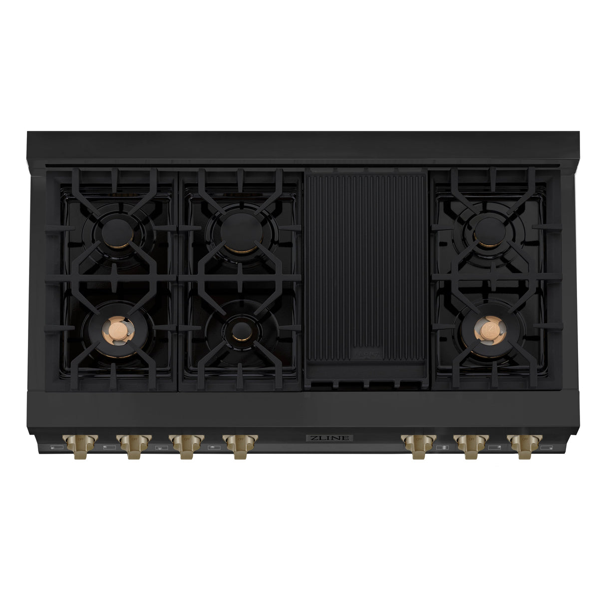 ZLINE Autograph Edition 48 in. Legacy Gas Rangetop with 7 Burners and Porcelain Cooktop in Black Stainless Steel with Champagne Bronze Accents (RTBZ-48-CB)