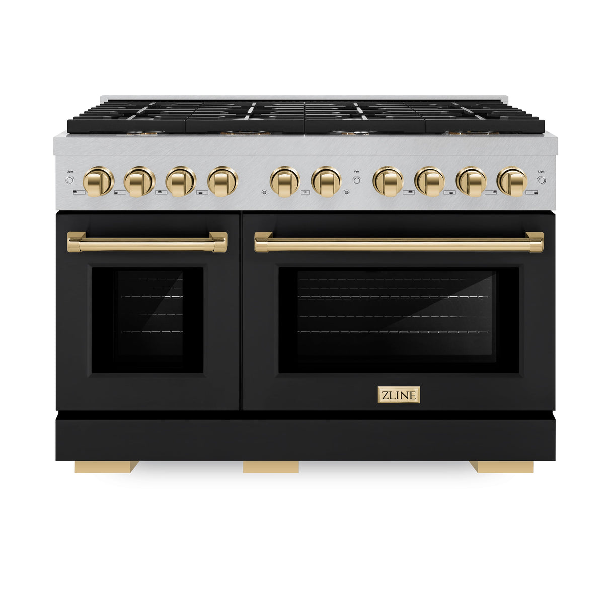 ZLINE Autograph Edition 48 in. 6.7 cu. ft. Paramount Double Oven Dual Fuel Range with 8 Burner Gas Cooktop in Satin Stainless Steel with Black Matte Doors and Polished Gold Accents (SDRSZ-BLM-48-G)
