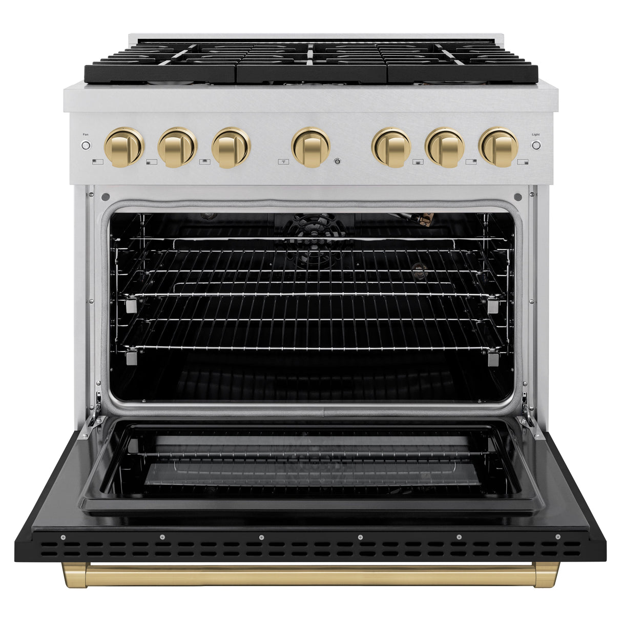 ZLINE Autograph Edition 36 in. 5.2 cu. ft. Paramount Gas Range with 6 Burner Cooktop and Convection Gas Oven in Satin Stainless Steel with Black Matte Door and Champagne Bronze Accents (SGRSZ-BLM-36-CB)