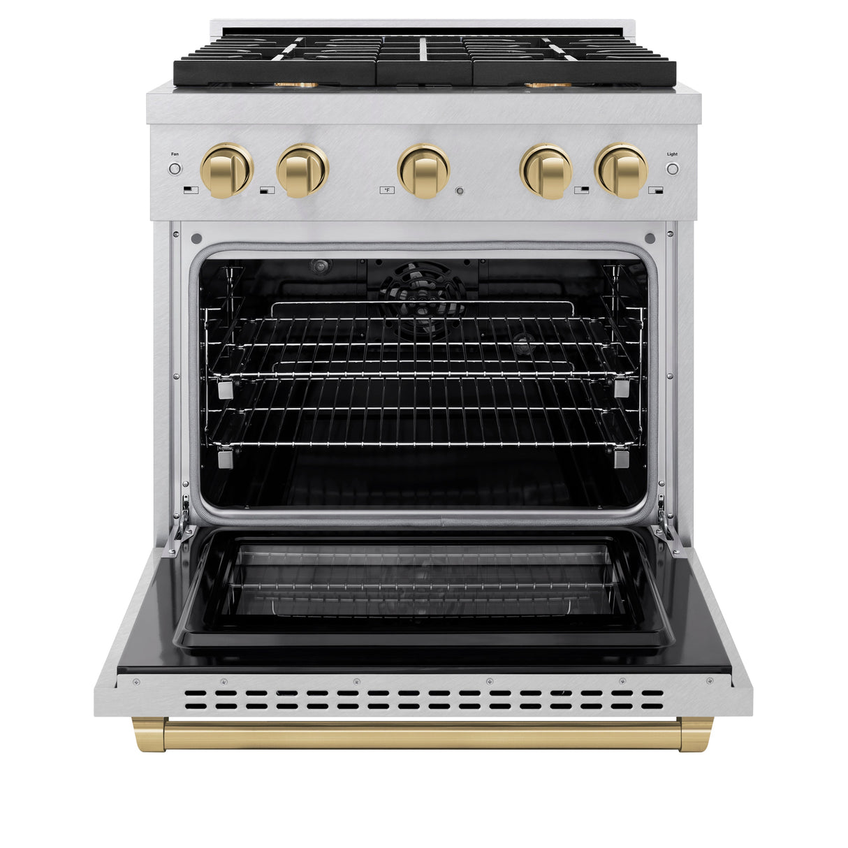 ZLINE Autograph Edition 30 in. 4.2 cu. ft. Paramount Dual Fuel Range with 4 Burner Gas Cooktop and Electric Convection Oven in Satin Stainless Steel with Champagne Bronze Accents (SDRSZ-30-CB)