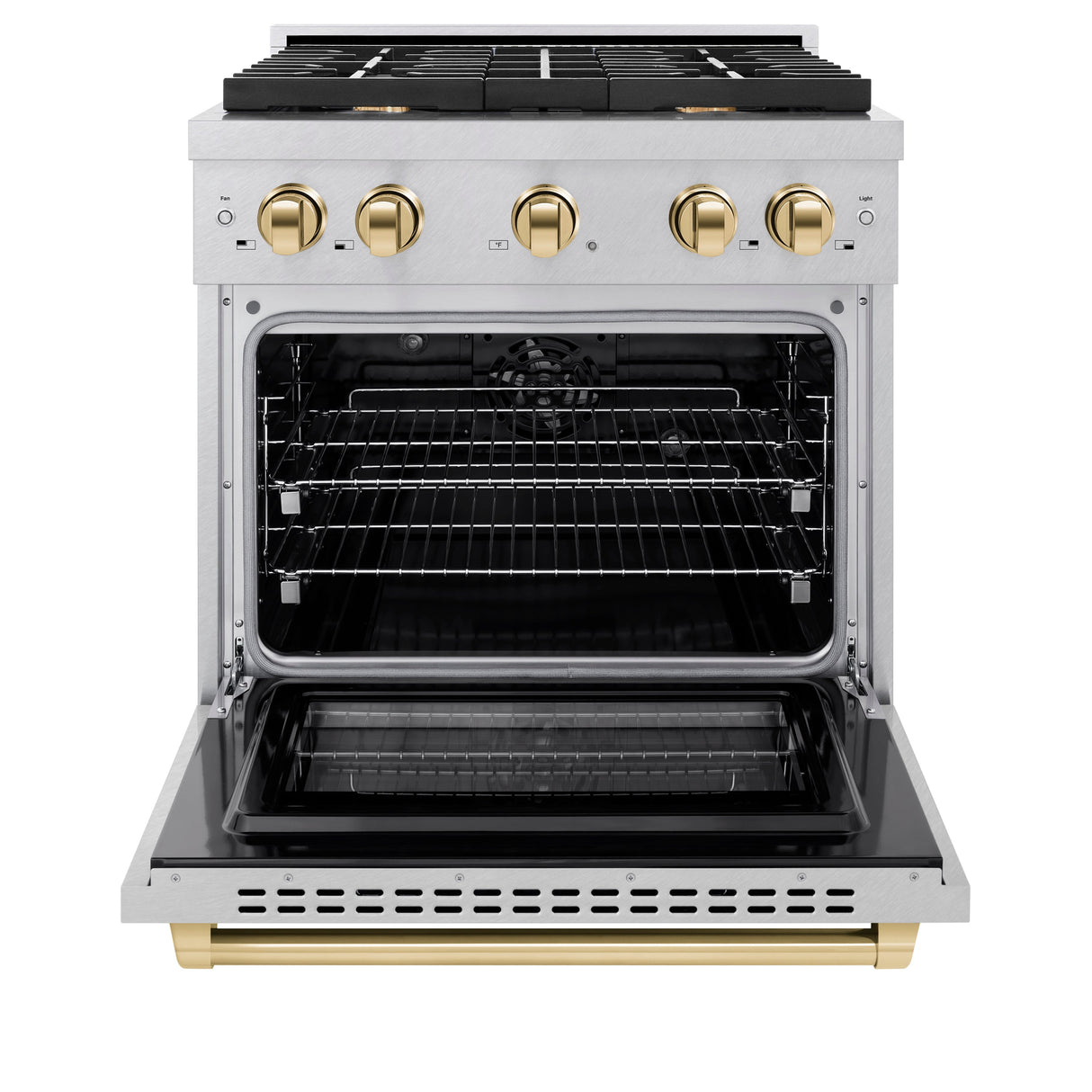 ZLINE Autograph Edition 30 in. 4.2 cu. ft. Paramount Dual Fuel Range with 4 Burner Gas Cooktop and Electric Convection Oven in Satin Stainless Steel with Polished Gold Accents (SDRSZ-30-G)