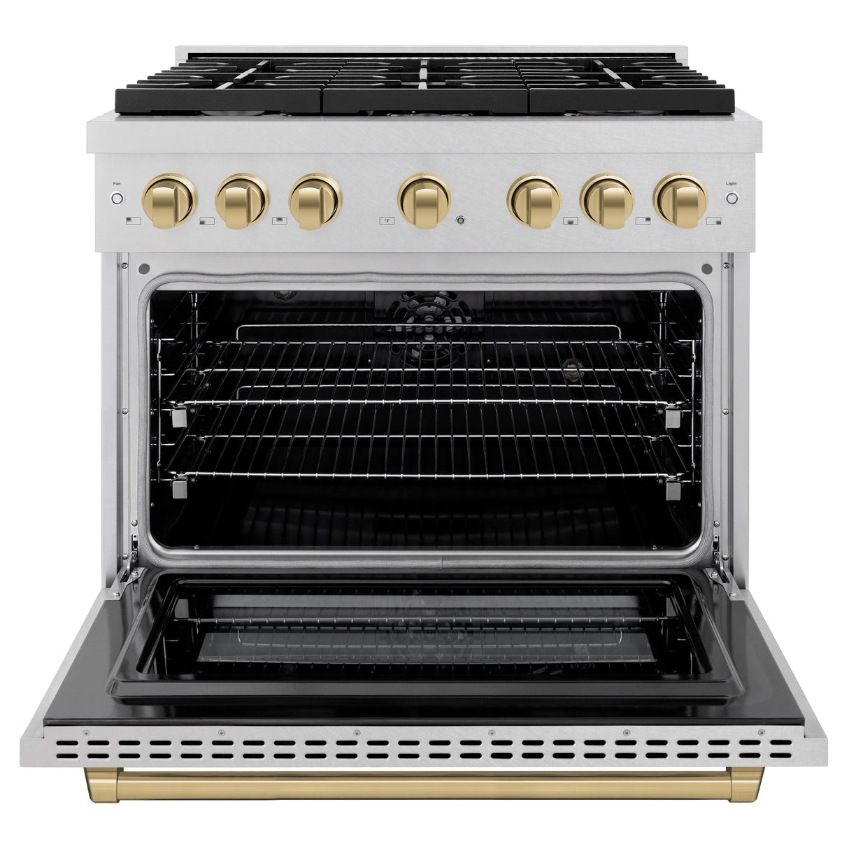 ZLINE Autograph Edition 36 in. 5.2 cu. ft. Paramount Dual Fuel Range with 6 Burner Gas Cooktop and Electric Convection Oven in Satin Stainless Steel with Champagne Bronze Accents (SDRSZ-36-CB)