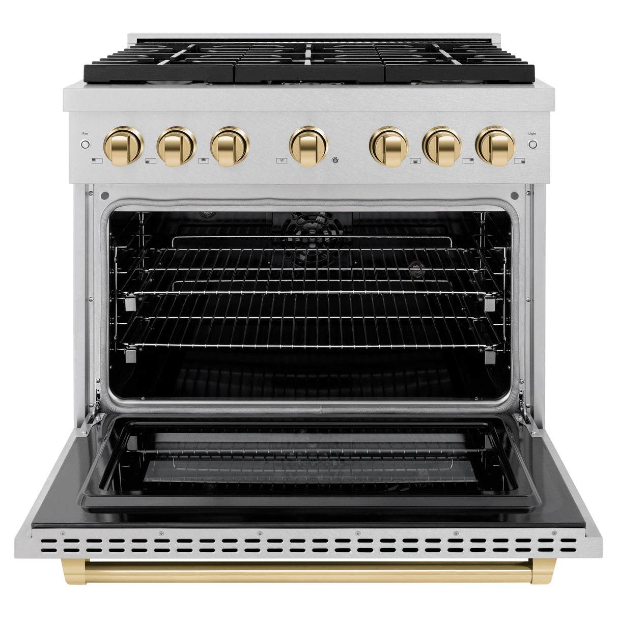 ZLINE Autograph Edition 36 in. 5.2 cu. ft. Paramount Dual Fuel Range with 6 Burner Gas Cooktop and Electric Convection Oven in Satin Stainless Steel with Polished Gold Accents (SDRSZ-36-G)