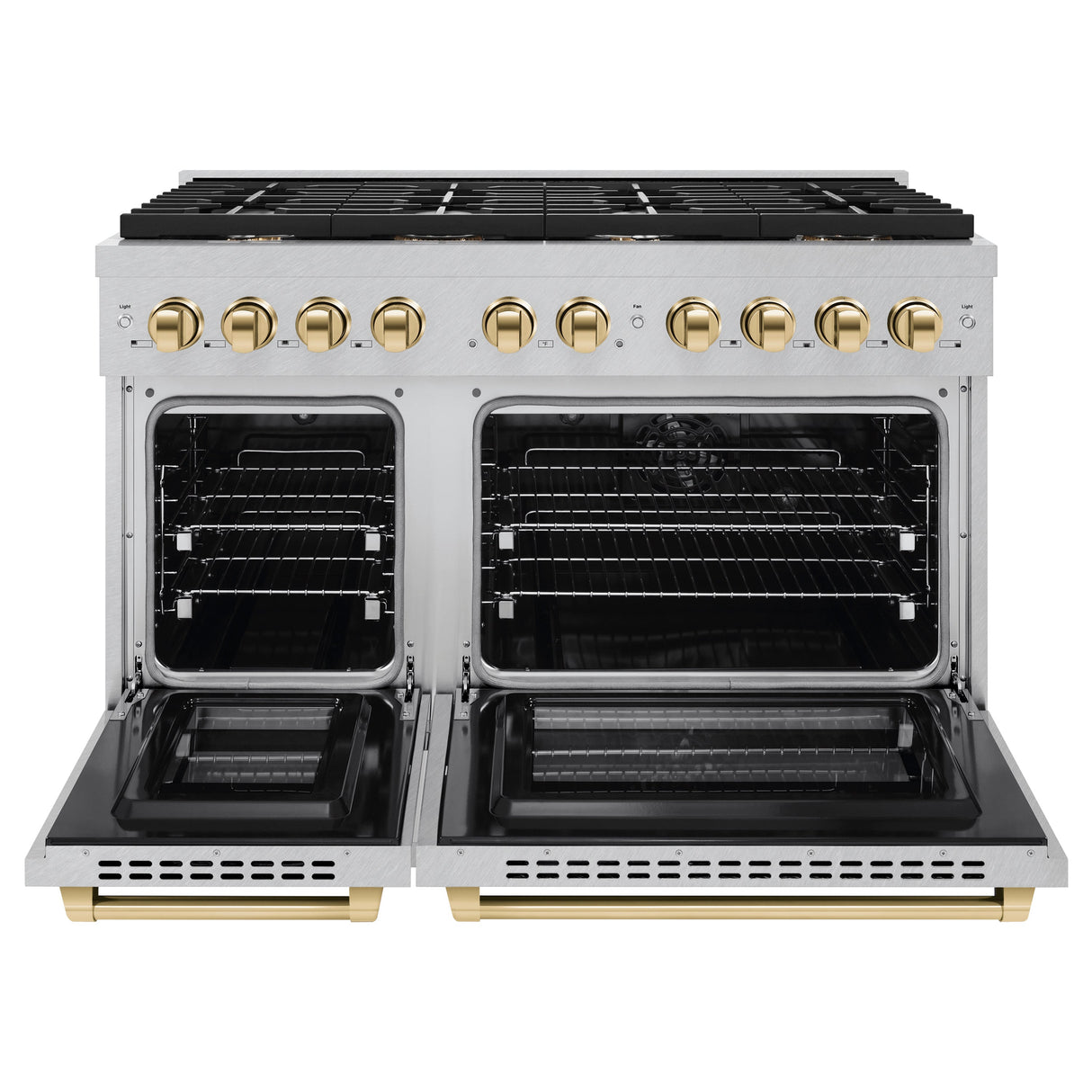 ZLINE Autograph Edition 48 in. 6.7 cu. ft. Paramount Double Oven Dual Fuel Range with 8 Burner Gas Cooktop in Satin Stainless Steel and Polished Gold Accents (SDRSZ-48-G)