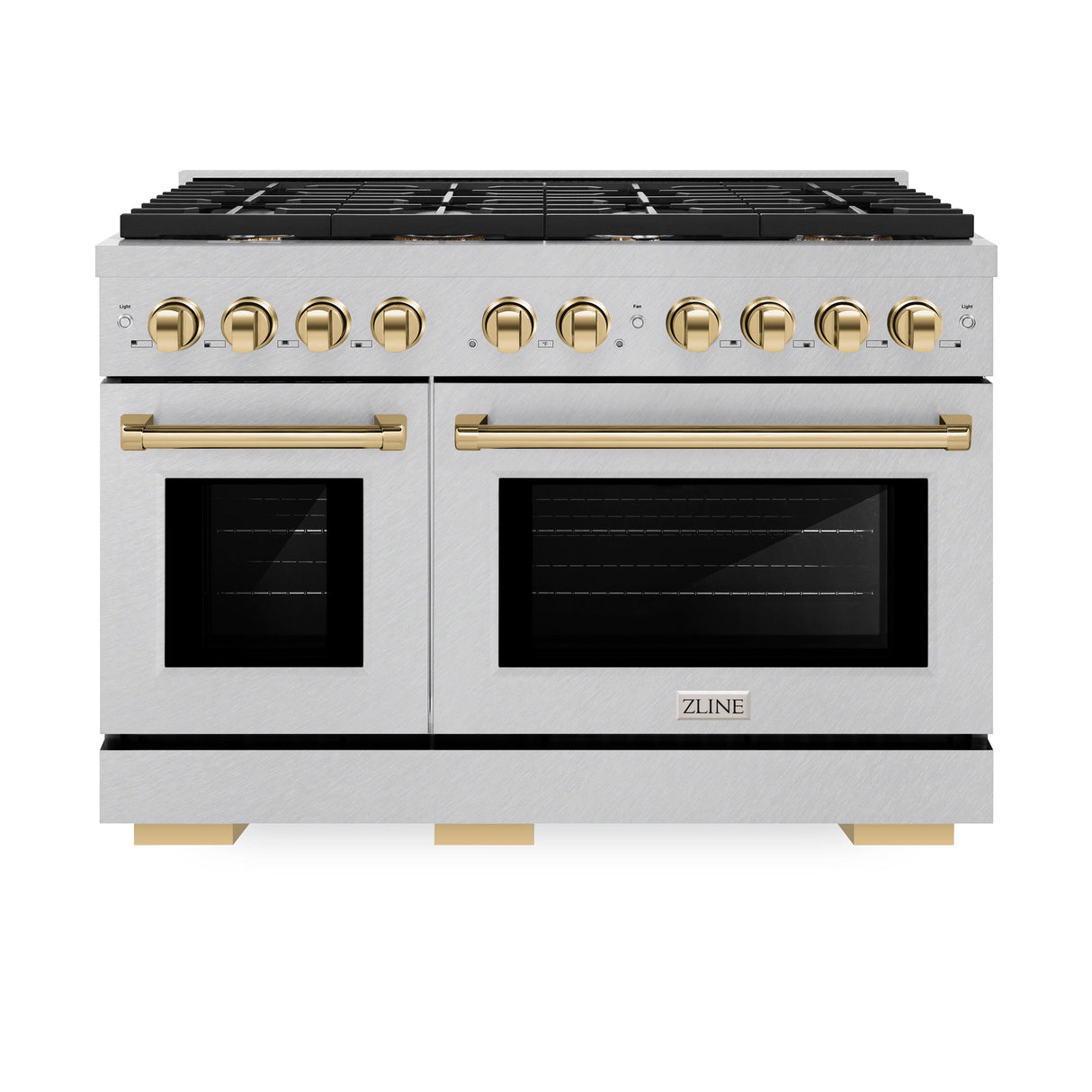 ZLINE Autograph Edition 48 in. 6.7 cu. ft. Paramount Double Oven Dual Fuel Range with 8 Burner Gas Cooktop in Satin Stainless Steel and Polished Gold Accents (SDRSZ-48-G)