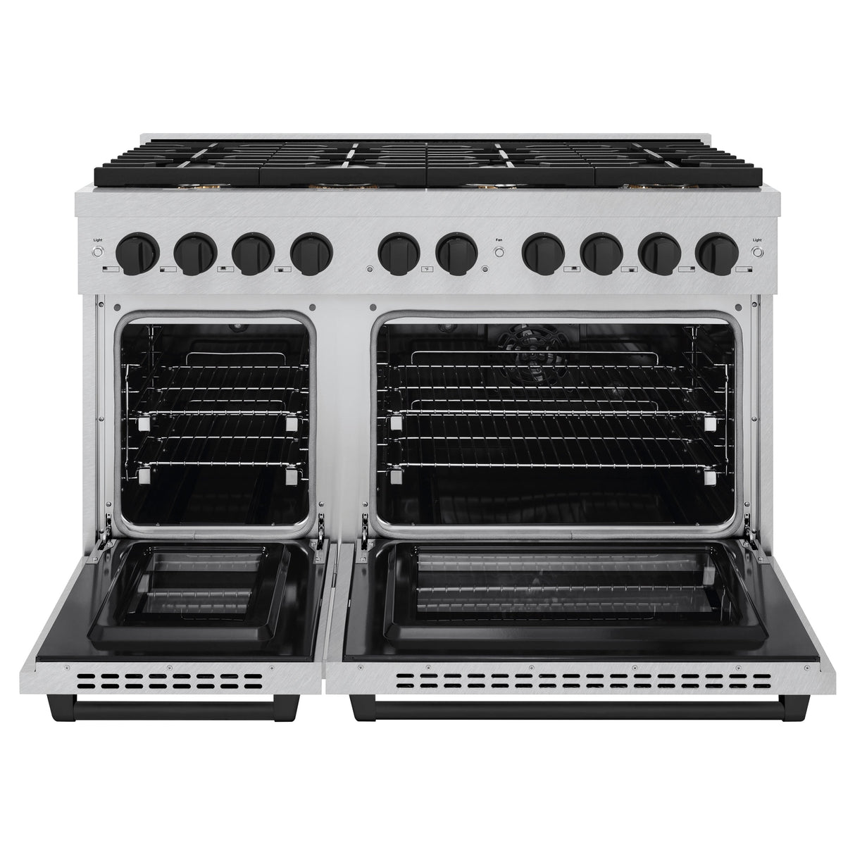 ZLINE Autograph Edition 48 in. 6.7 cu. ft. Paramount Double Oven Dual Fuel Range with 8 Burner Gas Cooktop in Satin Stainless Steel and Matte Black Accents (SDRSZ-48-MB)