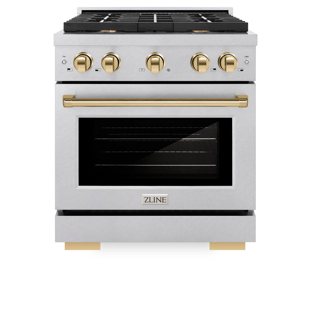 ZLINE Autograph Edition 30 in. 4.2 cu. ft. Paramount Gas Range with 4 Burner Cooktop and Convection Gas Oven in Satin Stainless Steel and Polished Gold Accents (SGRSZ-30-G)