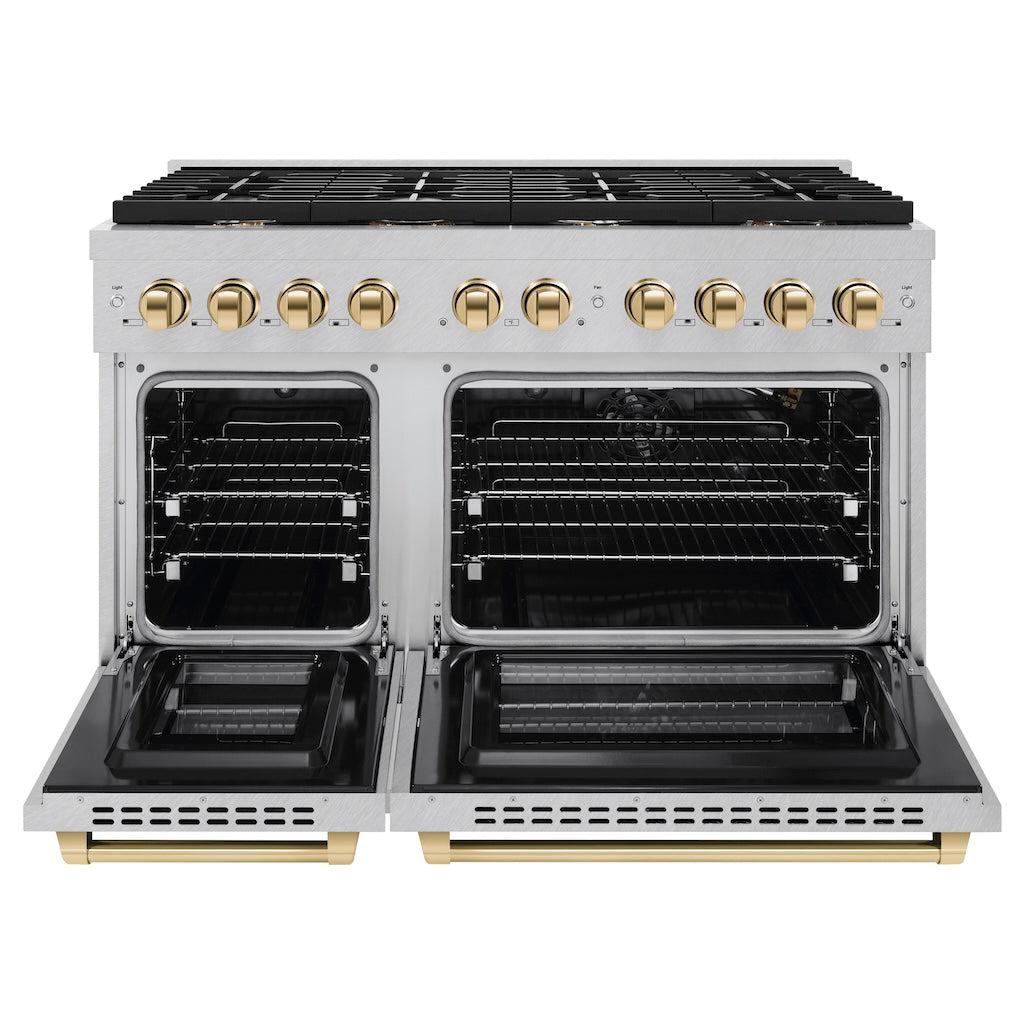 ZLINE Autograph Edition 48 in. 6.7 cu. ft. Paramount Double Oven Gas Range with 8 Burner Cooktop in Satin Stainless Steel and Polished Gold Accents (SGRSZ-48-G)