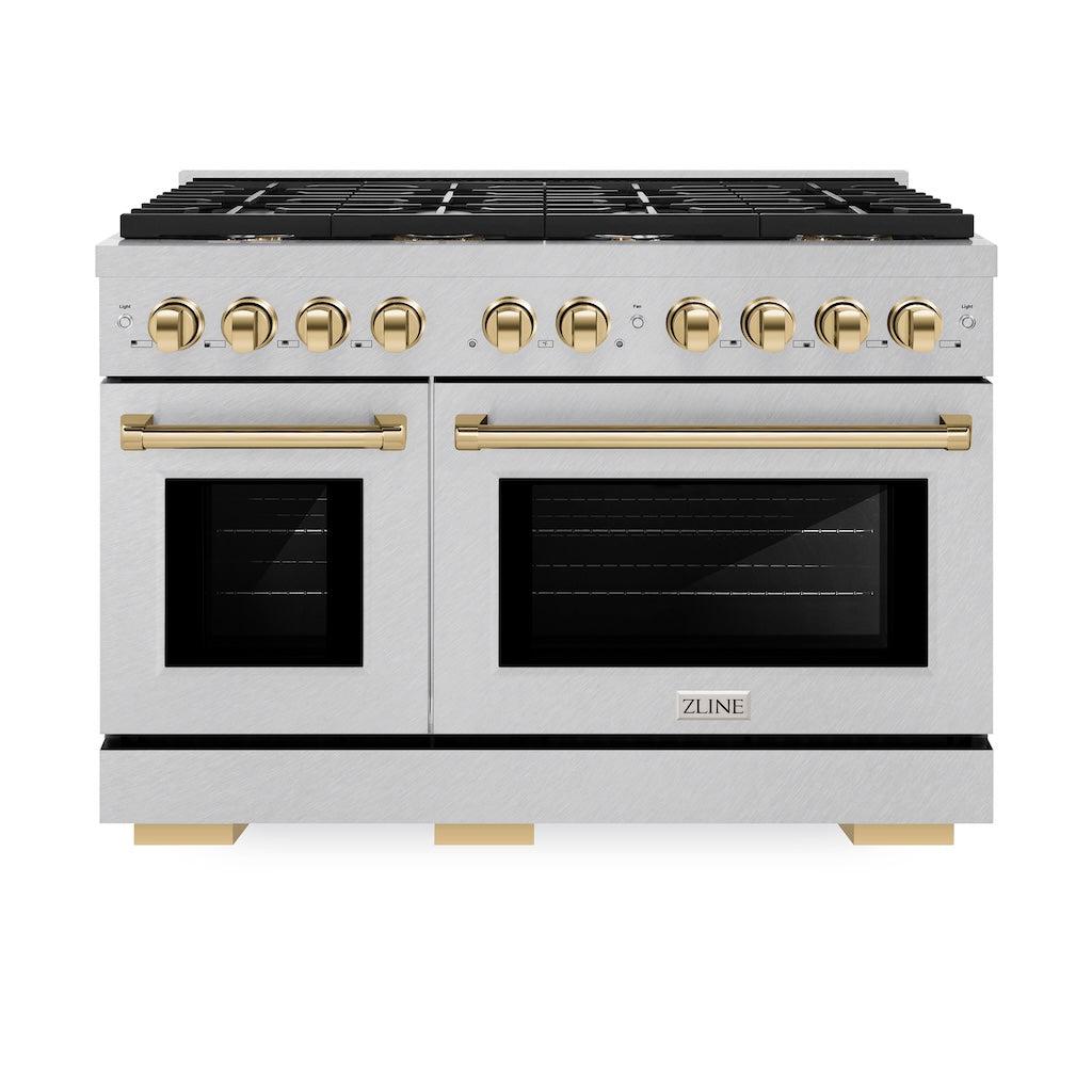 ZLINE Autograph Edition 48 in. 6.7 cu. ft. Paramount Double Oven Gas Range with 8 Burner Cooktop in Satin Stainless Steel and Polished Gold Accents (SGRSZ-48-G)