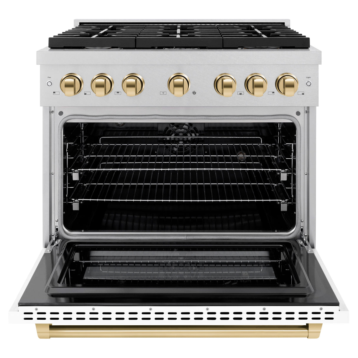ZLINE Autograph Edition 36 in. 5.2 cu. ft. Paramount Dual Fuel Range with 6 Burner Gas Cooktop and Electric Convection Oven in Satin Stainless Steel with White Matte Door and Polished Gold Accents (SDRSZ-WM-36-G)
