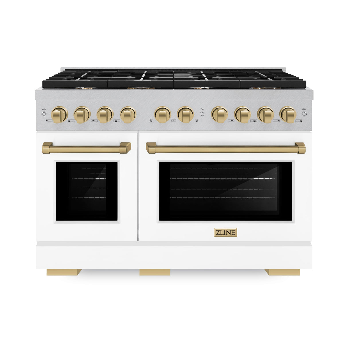 ZLINE Autograph Edition 48 in. 6.7 cu. ft. Paramount Double Oven Dual Fuel Range with 8 Burner Gas Cooktop in Satin Stainless Steel with White Matte Doors and Champagne Bronze Accents (SDRSZ-WM-48-CB)
