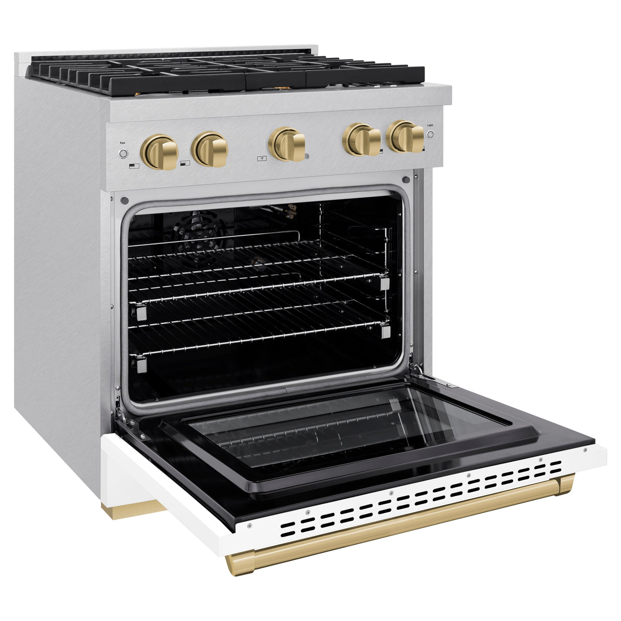 ZLINE Autograph Edition 30 in. 4.2 cu. ft. Paramount Gas Range with 4 Burner Cooktop and Convection Gas Oven in Satin Stainless Steel with White Matte Door and Champagne Bronze Accents (SGRSZ-WM-30-CB)