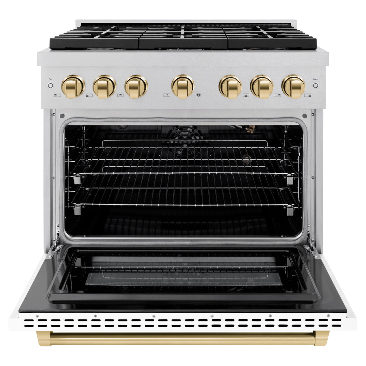 ZLINE Autograph Edition 36 in. 5.2 cu. ft. Paramount Gas Range with 6 Burner Cooktop and Convection Gas Oven in Satin Stainless Steel with White Matte Door and Polished Gold Accents (SGRSZ-WM-36-G)