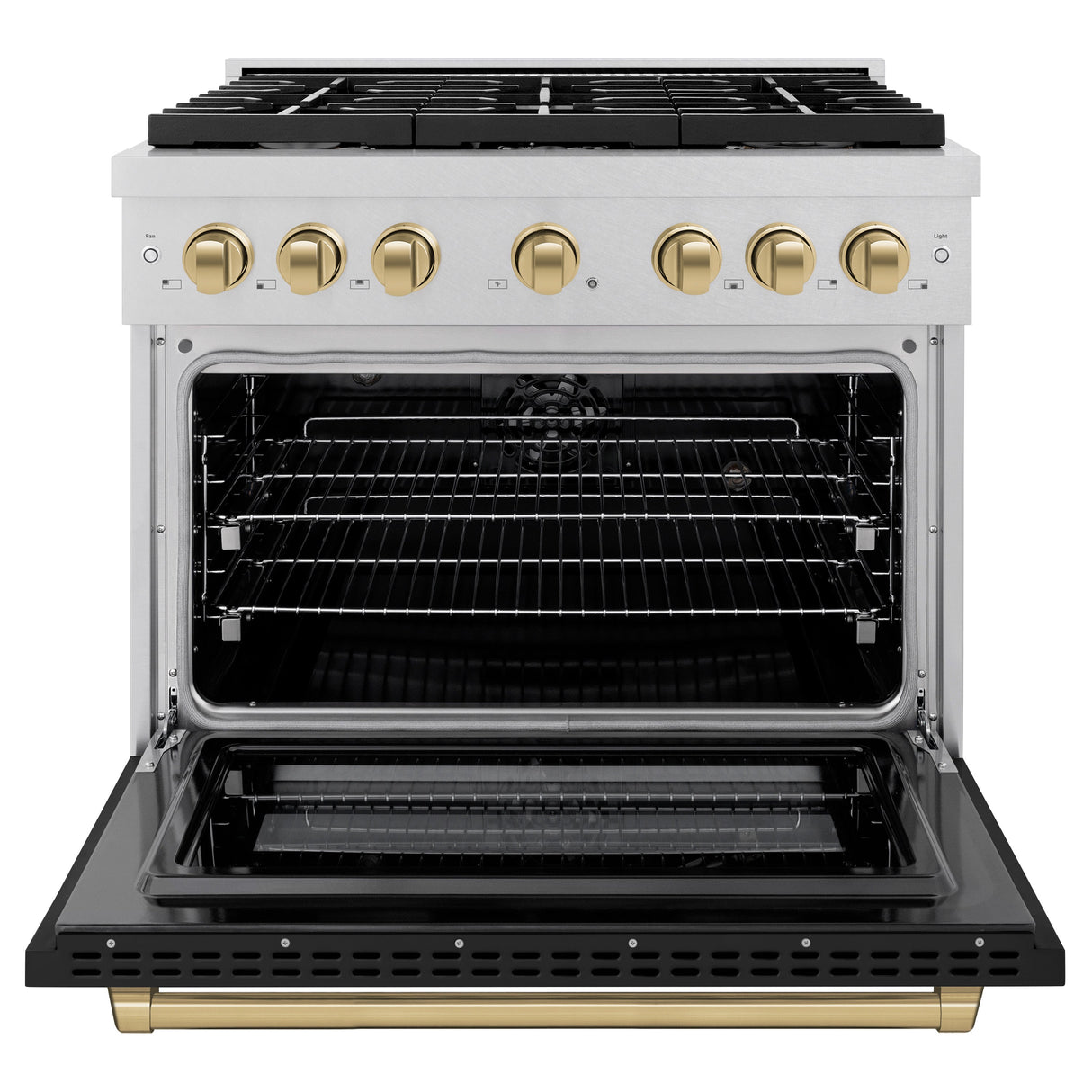 ZLINE Autograph Edition 36 in. 5.2 cu. ft. Paramount Dual Fuel Range with 6 Burner Gas Cooktop and Electric Convection Oven in Satin Stainless Steel with Black Matte Door and Champagne Bronze Accents (SDRSZ-BLM-36-CB)