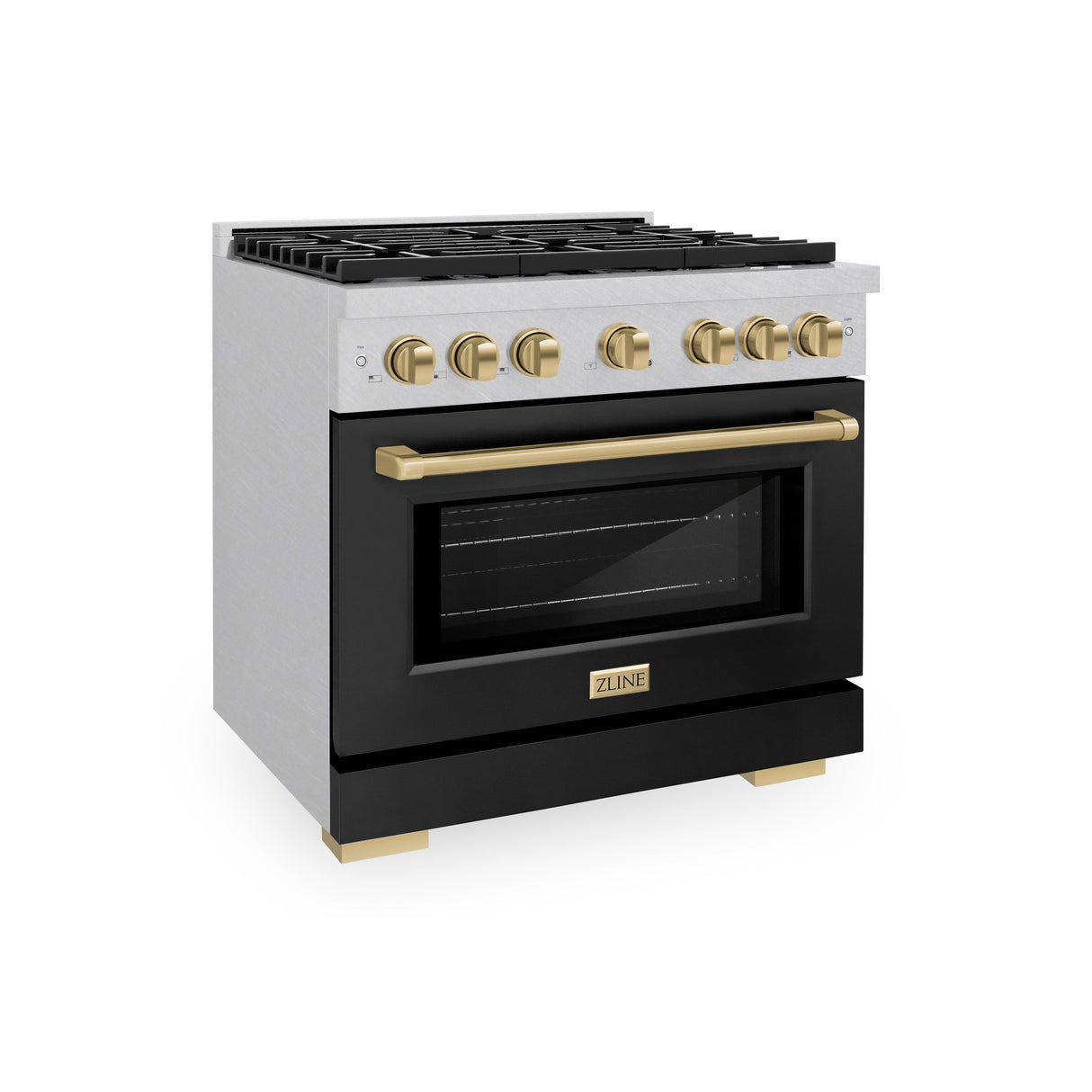 ZLINE Autograph Edition 36 in. 5.2 cu. ft. Paramount Dual Fuel Range with 6 Burner Gas Cooktop and Electric Convection Oven in Satin Stainless Steel with Black Matte Door and Champagne Bronze Accents (SDRSZ-BLM-36-CB)