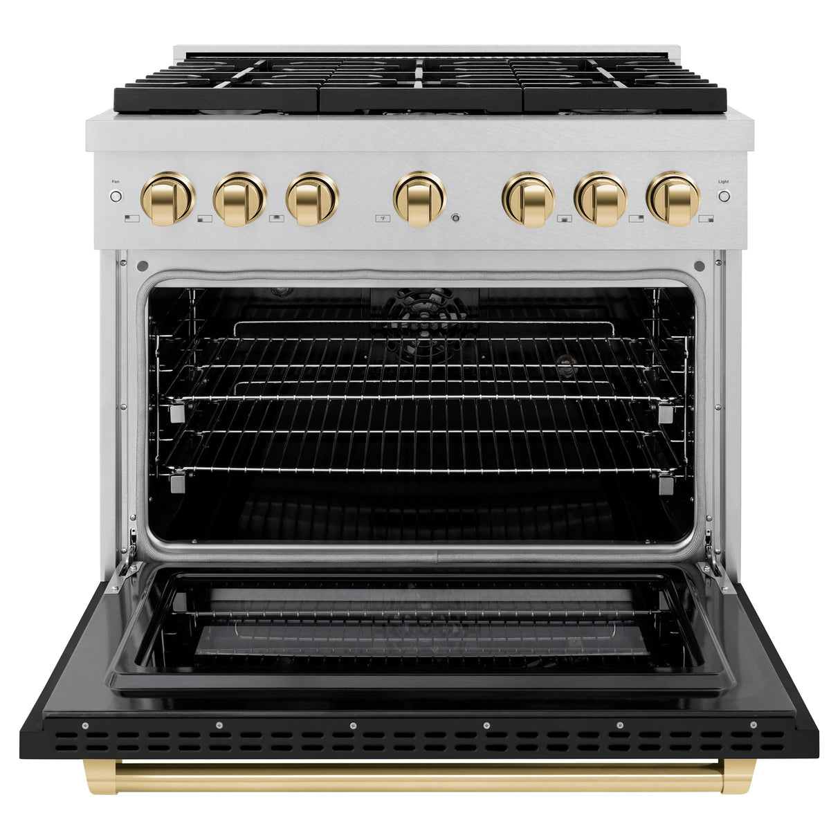 ZLINE Autograph Edition 36 in. 5.2 cu. ft. Paramount Dual Fuel Range with 6 Burner Gas Cooktop and Electric Convection Oven in Satin Stainless Steel with Black Matte Door and Polished Gold Accents (SDRSZ-BLM-36-G)