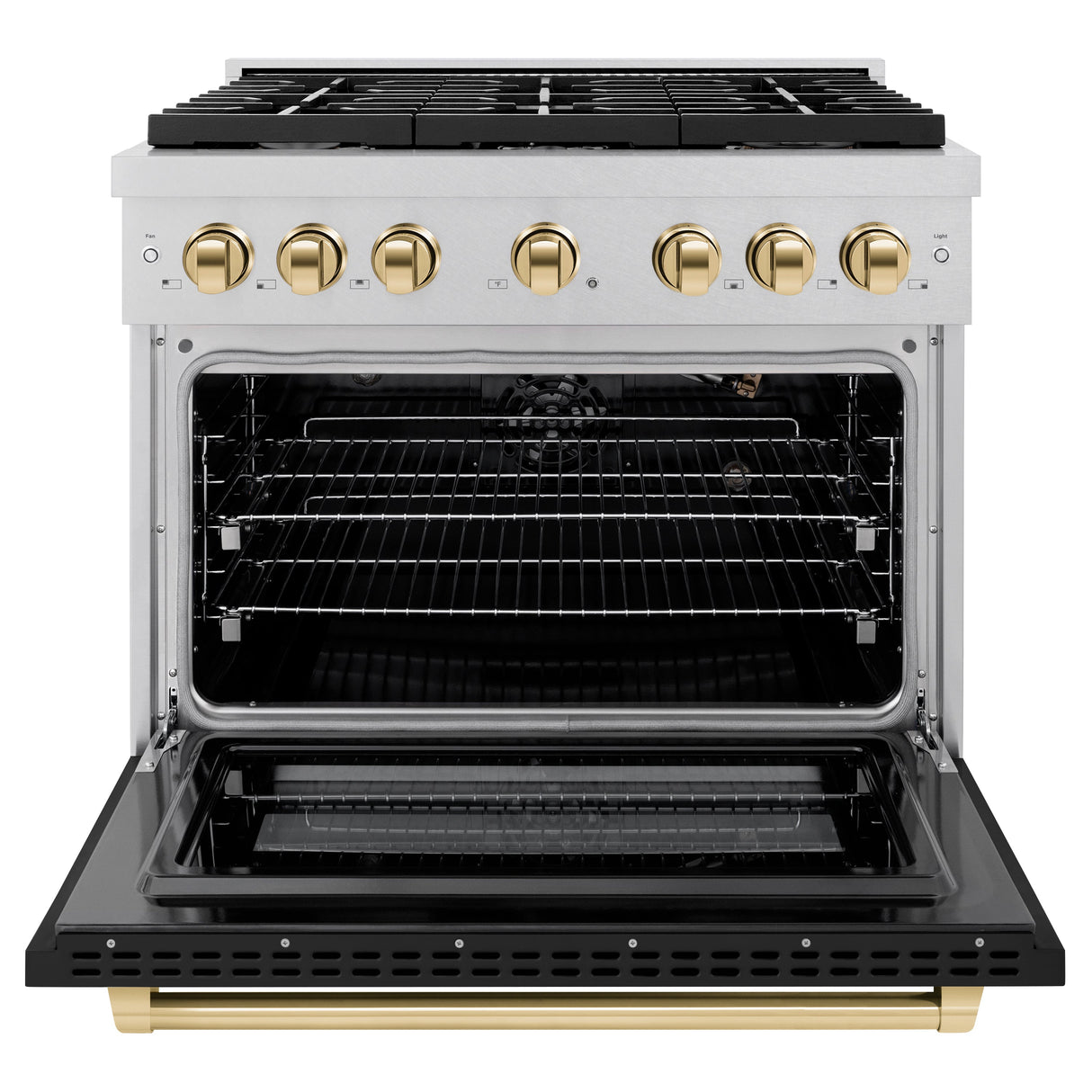 ZLINE Autograph Edition 36 in. 5.2 cu. ft. Paramount Gas Range with 6 Burner Cooktop and Convection Gas Oven in Satin Stainless Steel with Black Matte Door and Polished Gold Accents (SGRSZ-BLM-36-G)