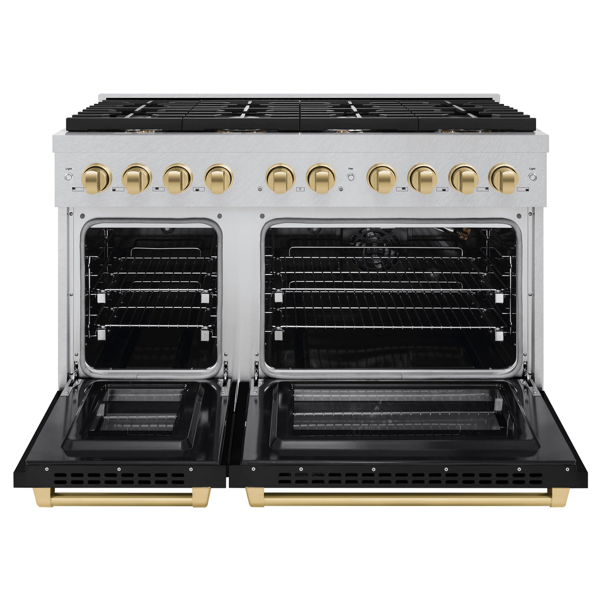 ZLINE Autograph Edition 48 in. 6.7 cu. ft. Paramount Double Oven Gas Range with 8 Burner Cooktop in Satin Stainless Steel with Black Matte Doors and Champagne Bronze Accents (SGRSZ-BLM-48-CB)