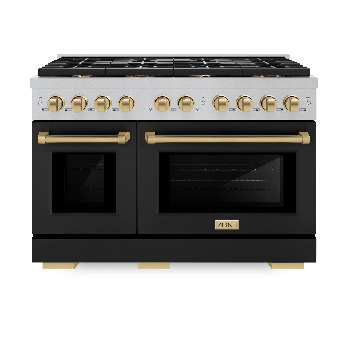 ZLINE Autograph Edition 48 in. 6.7 cu. ft. Paramount Double Oven Gas Range with 8 Burner Cooktop in Satin Stainless Steel with Black Matte Doors and Champagne Bronze Accents (SGRSZ-BLM-48-CB)