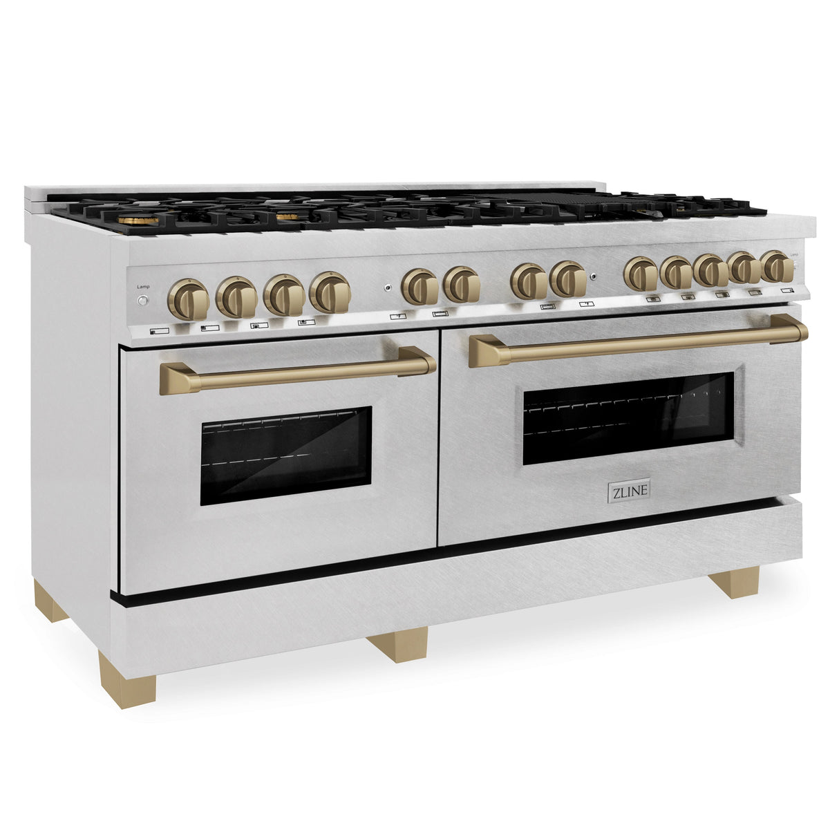 ZLINE Autograph Edition 60 in. 7.4 cu. ft. Legacy Dual Fuel Range with 9 Burner Gas Cooktop and 2 Electric Convection Ovens in Satin Stainless Steel and Champagne Bronze Accents (RASZ-SN-60-CB)