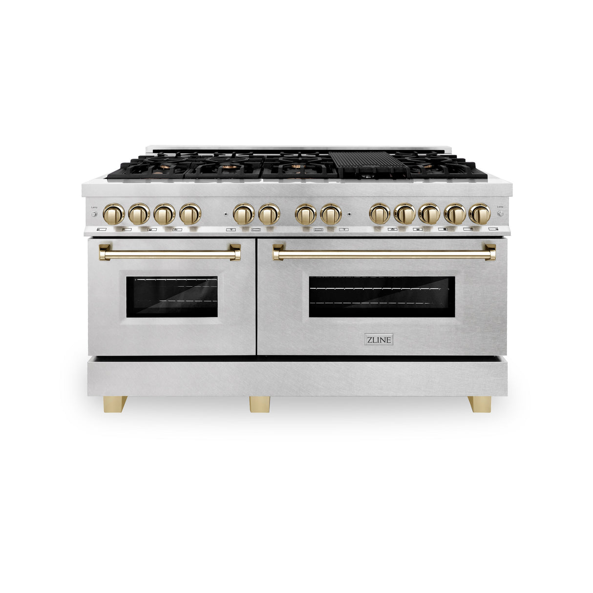 ZLINE Autograph Edition 60 in. 7.4 cu. ft. Legacy Dual Fuel Range with 9 Burner Gas Cooktop and 2 Electric Convection Ovens in Satin Stainless Steel and Polished Gold Accents (RASZ-SN-60-G)