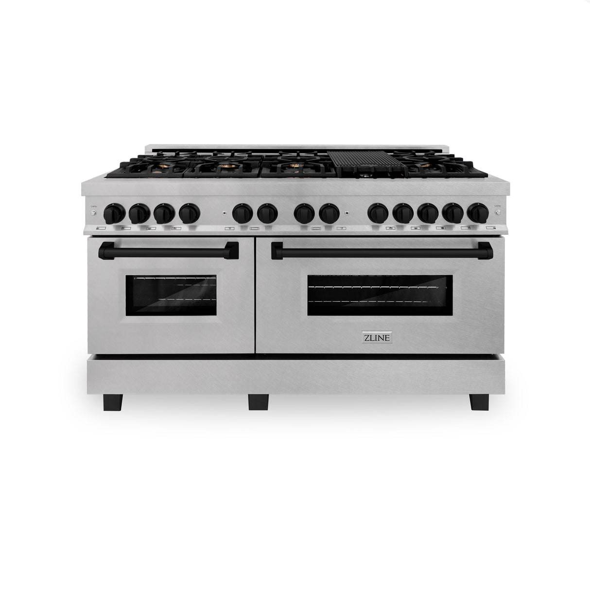 ZLINE Autograph Edition 60 in. 7.4 cu. ft. Legacy Dual Fuel Range with 9 Burner Gas Cooktop and 2 Electric Convection Ovens in Satin Stainless Steel and Matte Black Accents (RASZ-SN-60-MB)