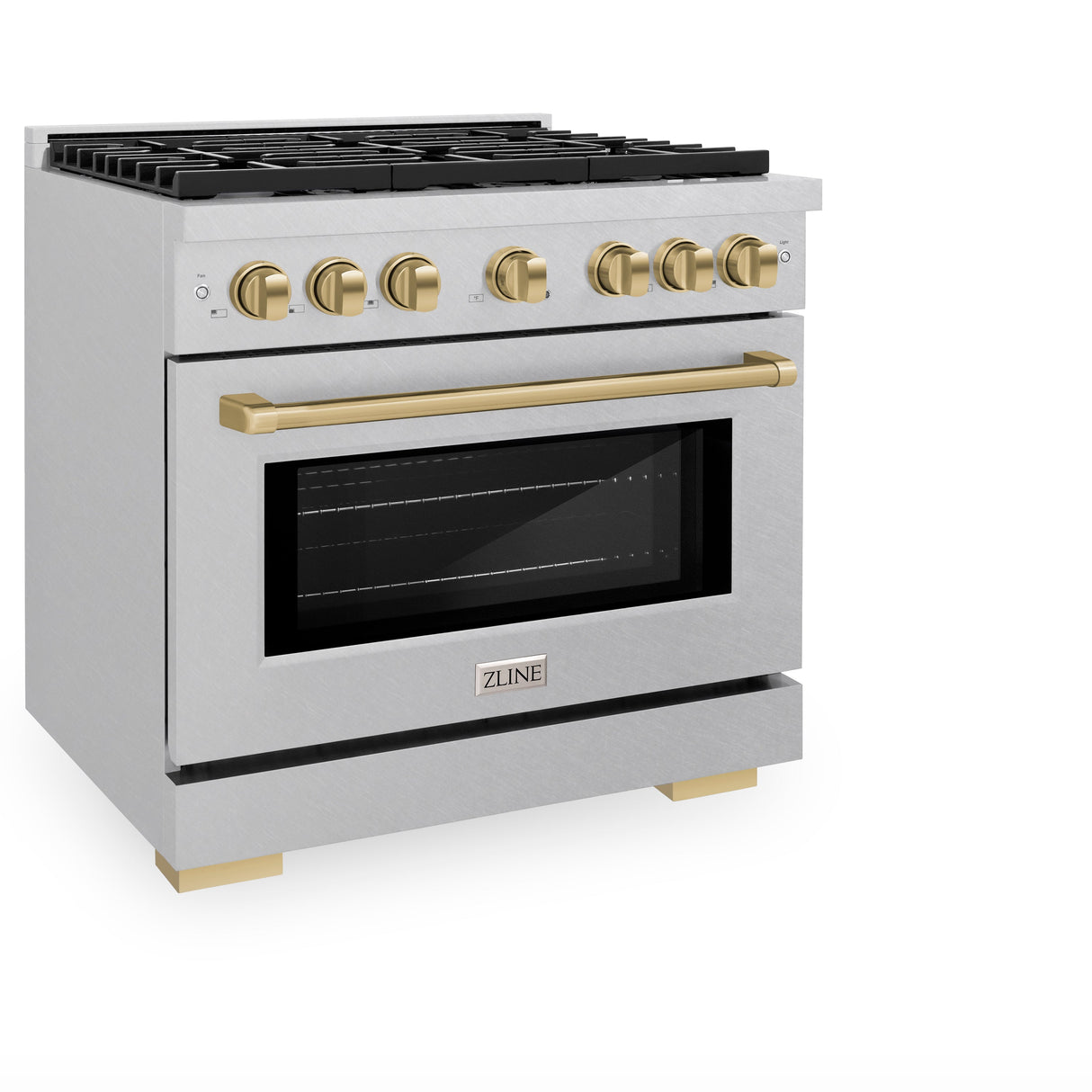 ZLINE Autograph Edition 36 in. 5.2 cu. ft. Paramount Dual Fuel Range with 6 Burner Gas Cooktop and Electric Convection Oven in Satin Stainless Steel with Champagne Bronze Accents (SDRSZ-36-CB)