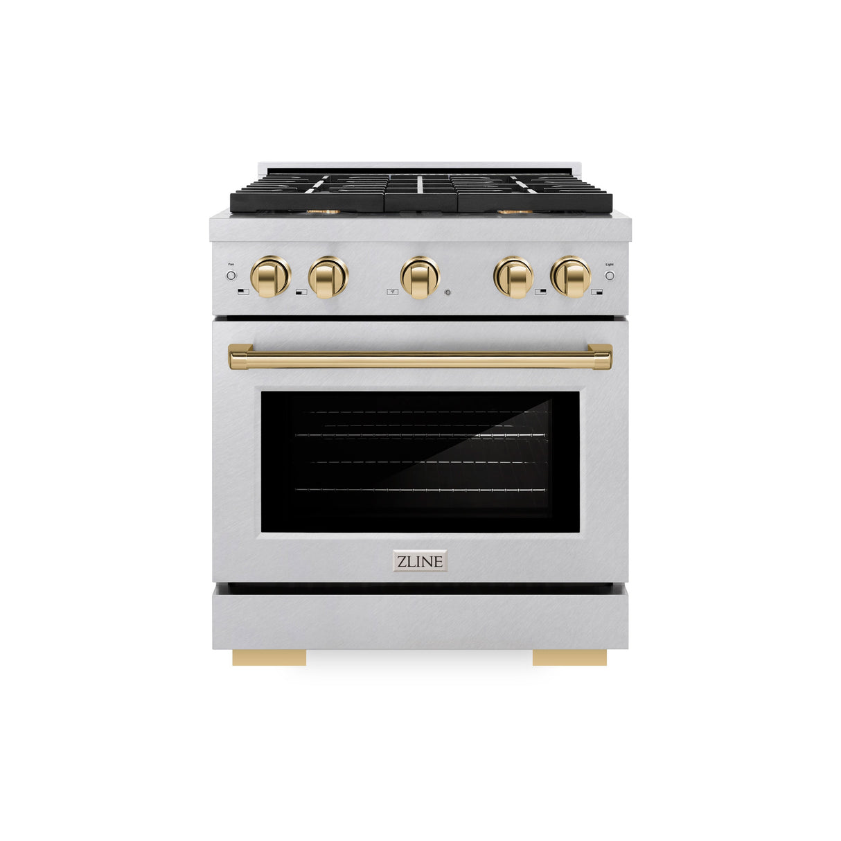 ZLINE Autograph Edition 30 in. 4.2 cu. ft. Paramount Gas Range with 4 Burner Cooktop and Convection Gas Oven in Satin Stainless Steel and Polished Gold Accents (SGRSZ-30-G)