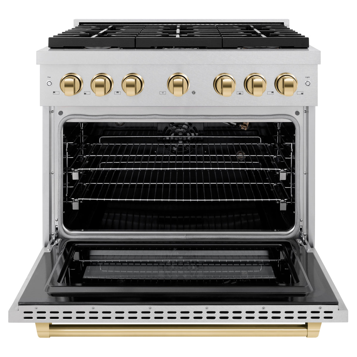 ZLINE Autograph Edition 36 in. 5.2 cu. ft. Paramount Gas Range with 6 Burner Cooktop and Convection Gas Oven in Satin Stainless Steel and Polished Gold Accents (SGRSZ-36-G)