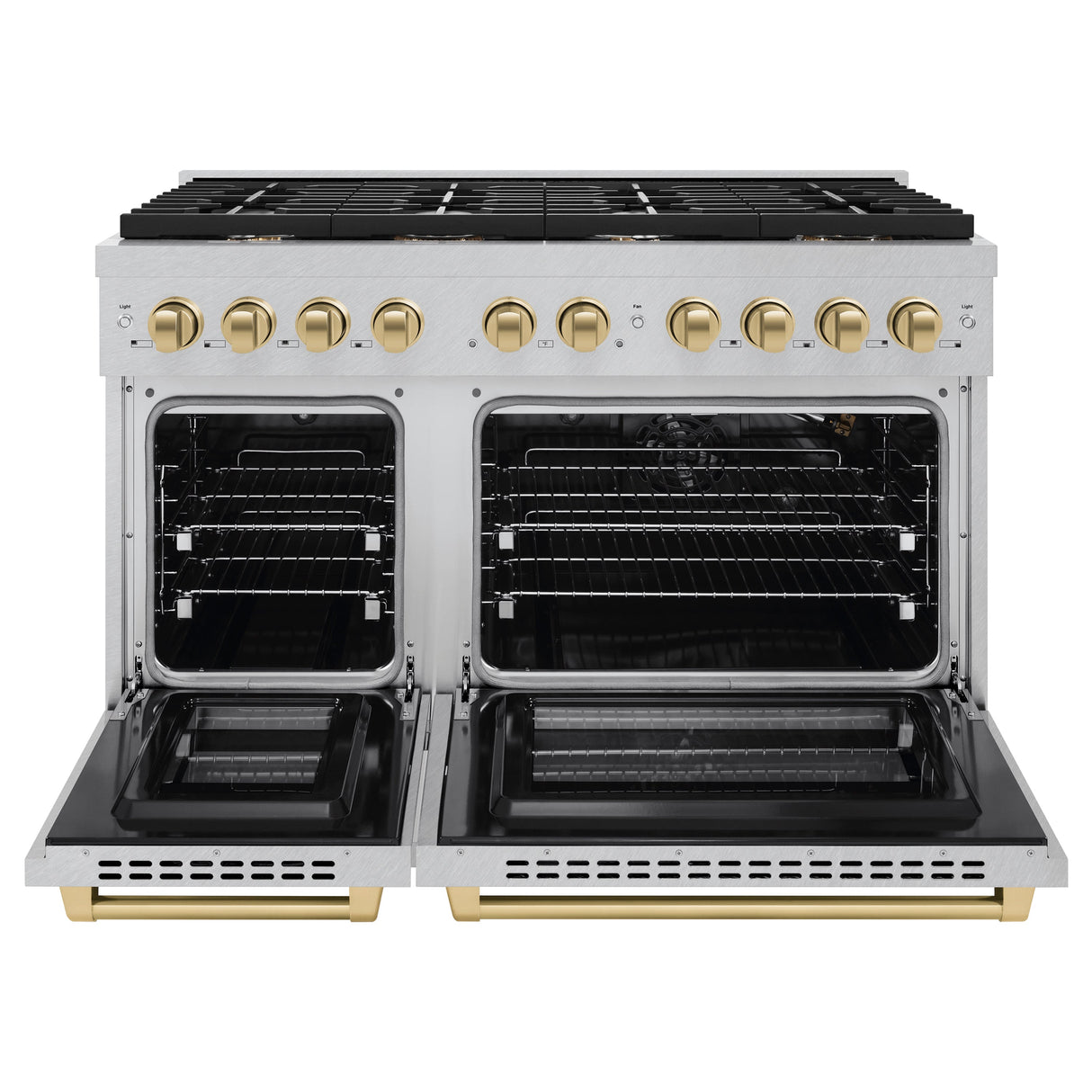 ZLINE Autograph Edition 48 in. 6.7 cu. ft. Paramount Double Oven Gas Range with 8 Burner Cooktop in Satin Stainless Steel and Champagne Bronze Accents (SGRSZ-48-CB)