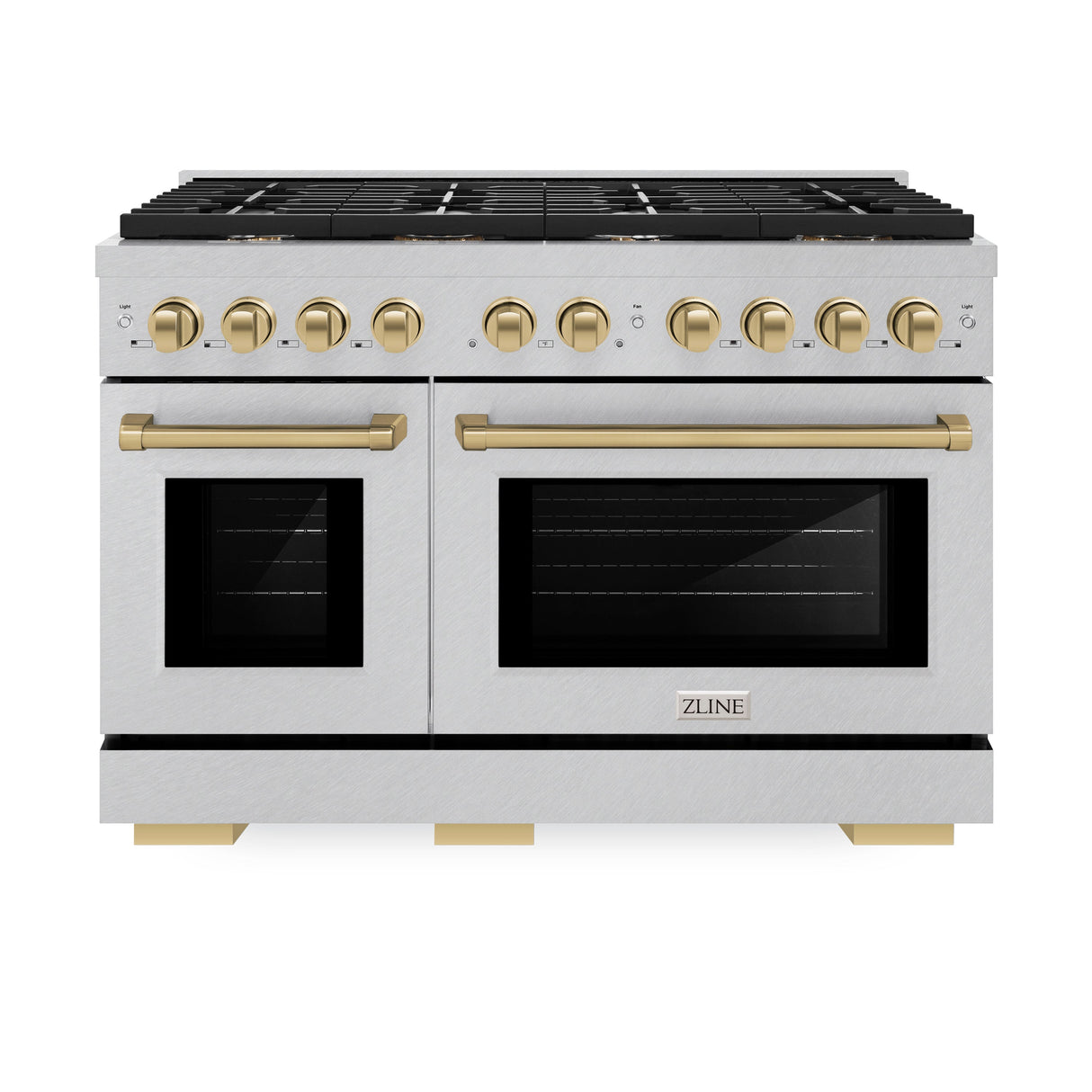 ZLINE Autograph Edition 48 in. 6.7 cu. ft. Paramount Double Oven Gas Range with 8 Burner Cooktop in Satin Stainless Steel and Champagne Bronze Accents (SGRSZ-48-CB)