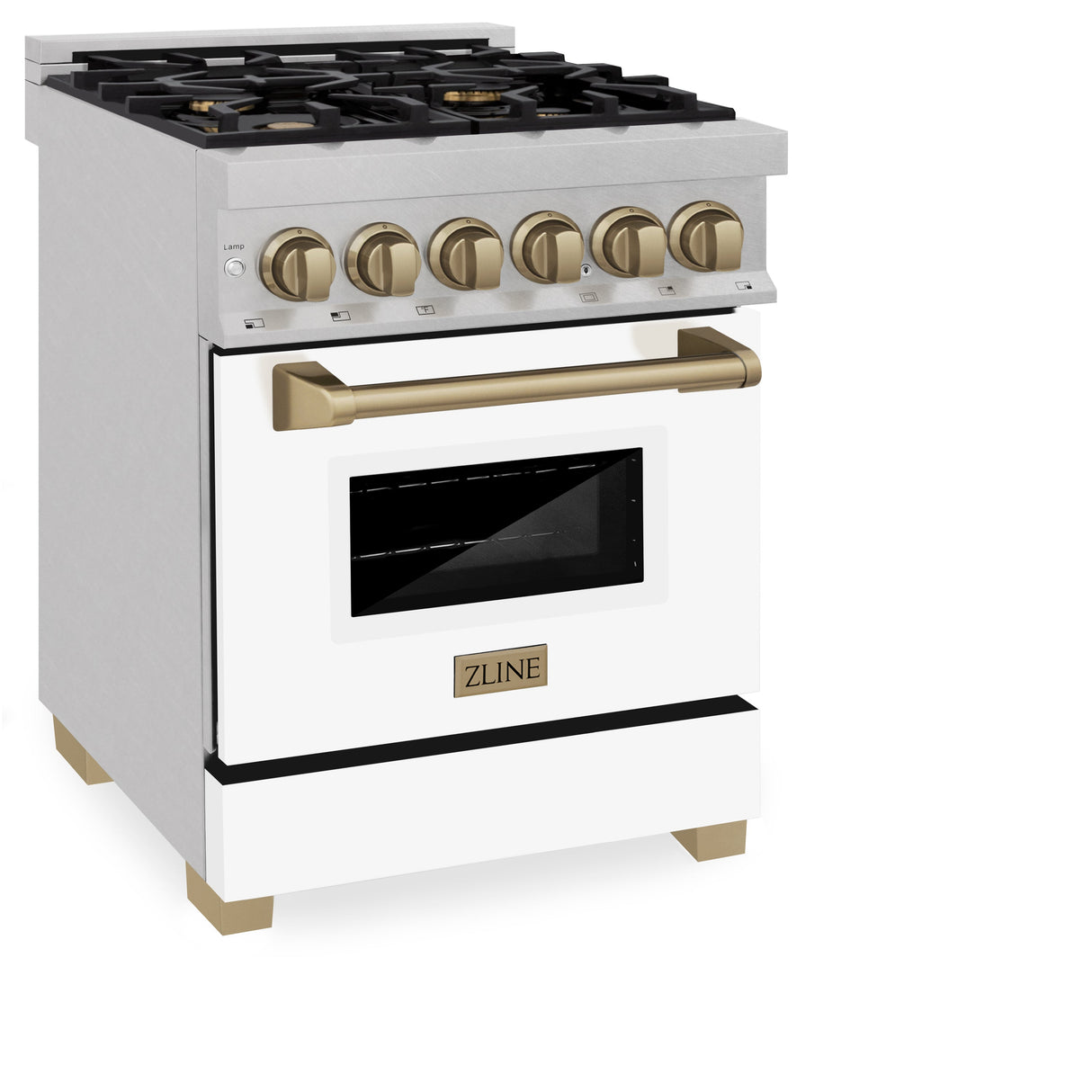 ZLINE Autograph Edition 24 in. 2.8 cu. ft. Legacy Dual Fuel Range with 4 Burner Gas Cooktop and Electric Convection Oven in Satin Stainless Steel with White Matte Door and Champagne Bronze Accents (RASZ-WM-24-CB)