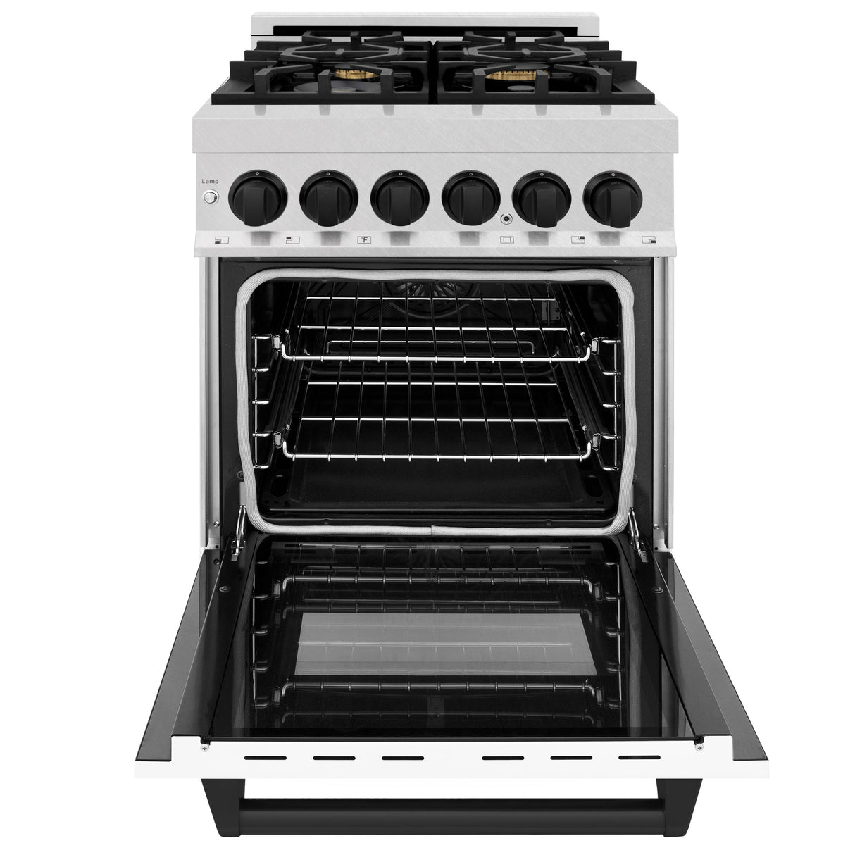 ZLINE Autograph Edition 24 in. 2.8 cu. ft. Legacy Dual Fuel Range with 4 Burner Gas Cooktop and Electric Convection Oven in Satin Stainless Steel with White Matte Door and Matte Black Accents (RASZ-WM-24-MB)