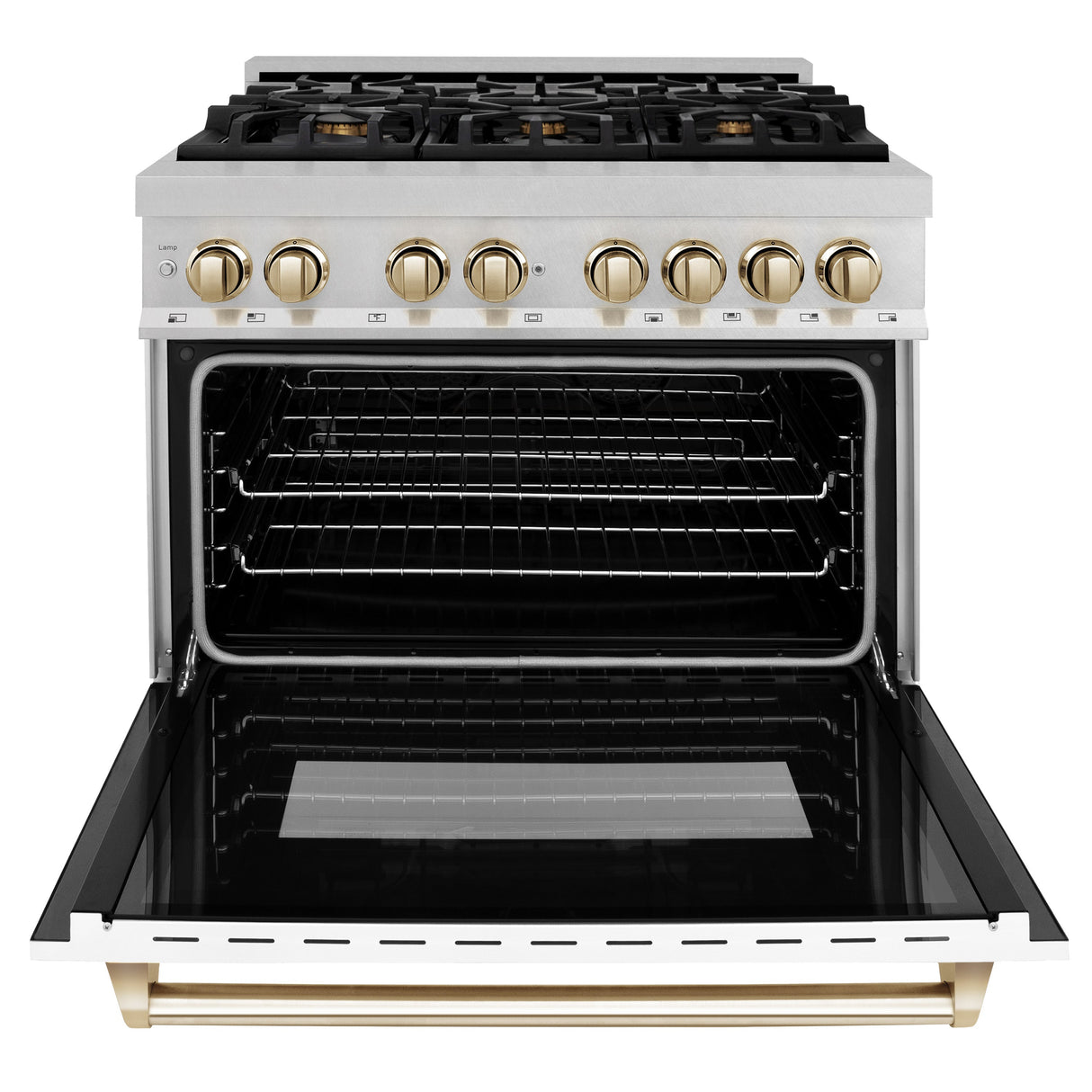 ZLINE Autograph Edition 36 in. 4.6 cu. ft. Legacy Dual Fuel Range with 6 Burner Gas Cooktop and Electric Convection Oven in Satin Stainless Steel with White Matte Door and Polished Gold Accents (RASZ-WM-36-G)