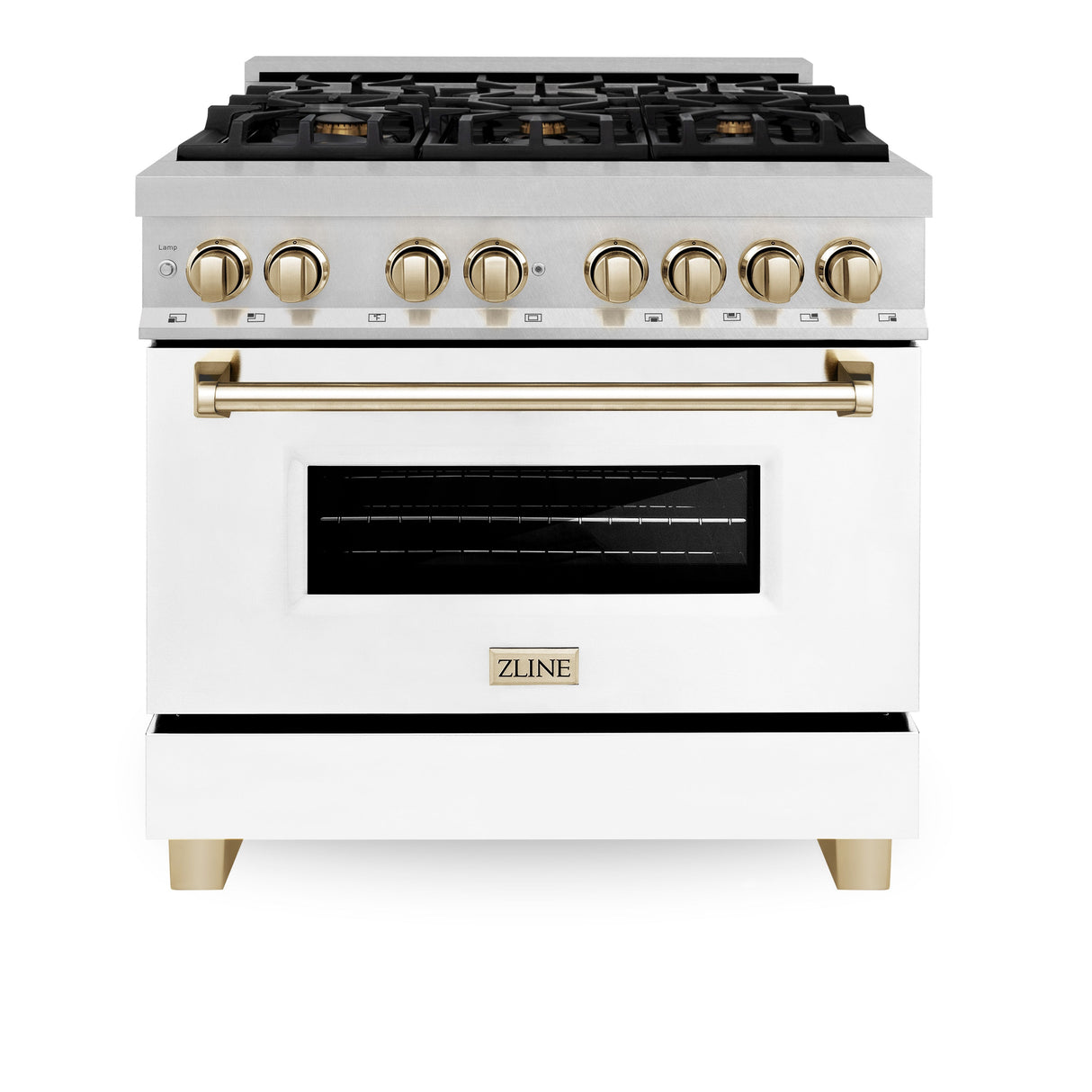 ZLINE Autograph Edition 36 in. 4.6 cu. ft. Legacy Dual Fuel Range with 6 Burner Gas Cooktop and Electric Convection Oven in Satin Stainless Steel with White Matte Door and Polished Gold Accents (RASZ-WM-36-G)