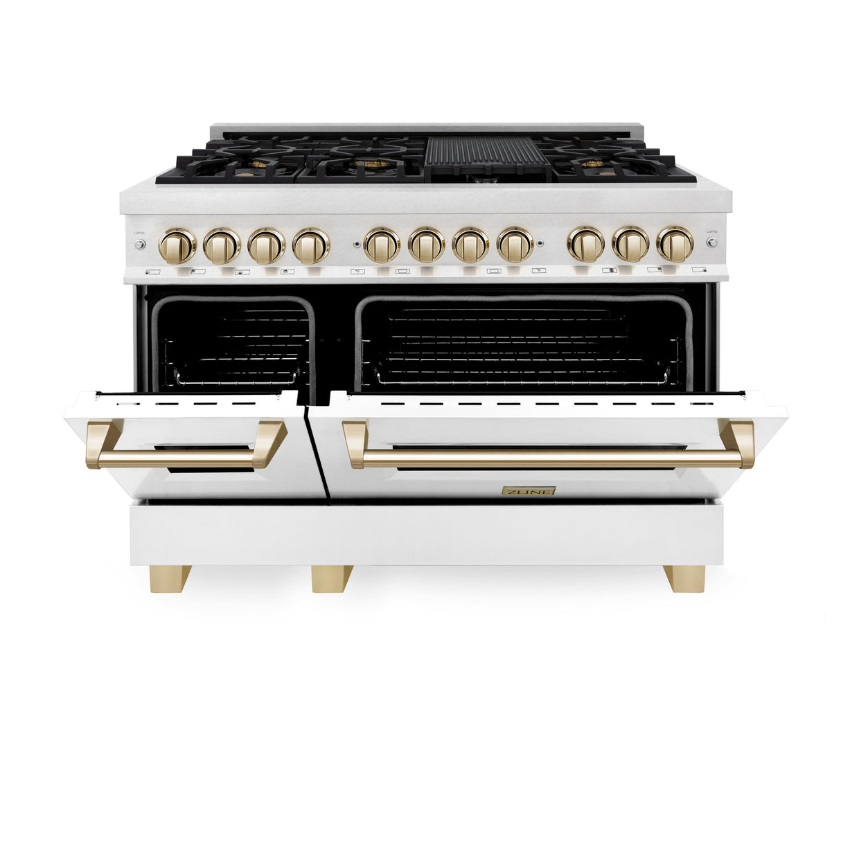ZLINE Autograph Edition 48 in. 6.0 cu. ft. Legacy Dual Fuel Range with 7 Burner Gas Cooktop and 2 Electric Ovens in Satin Stainless Steel with White Matte Doors and Polished Gold Accents (RASZ-WM-48-G)