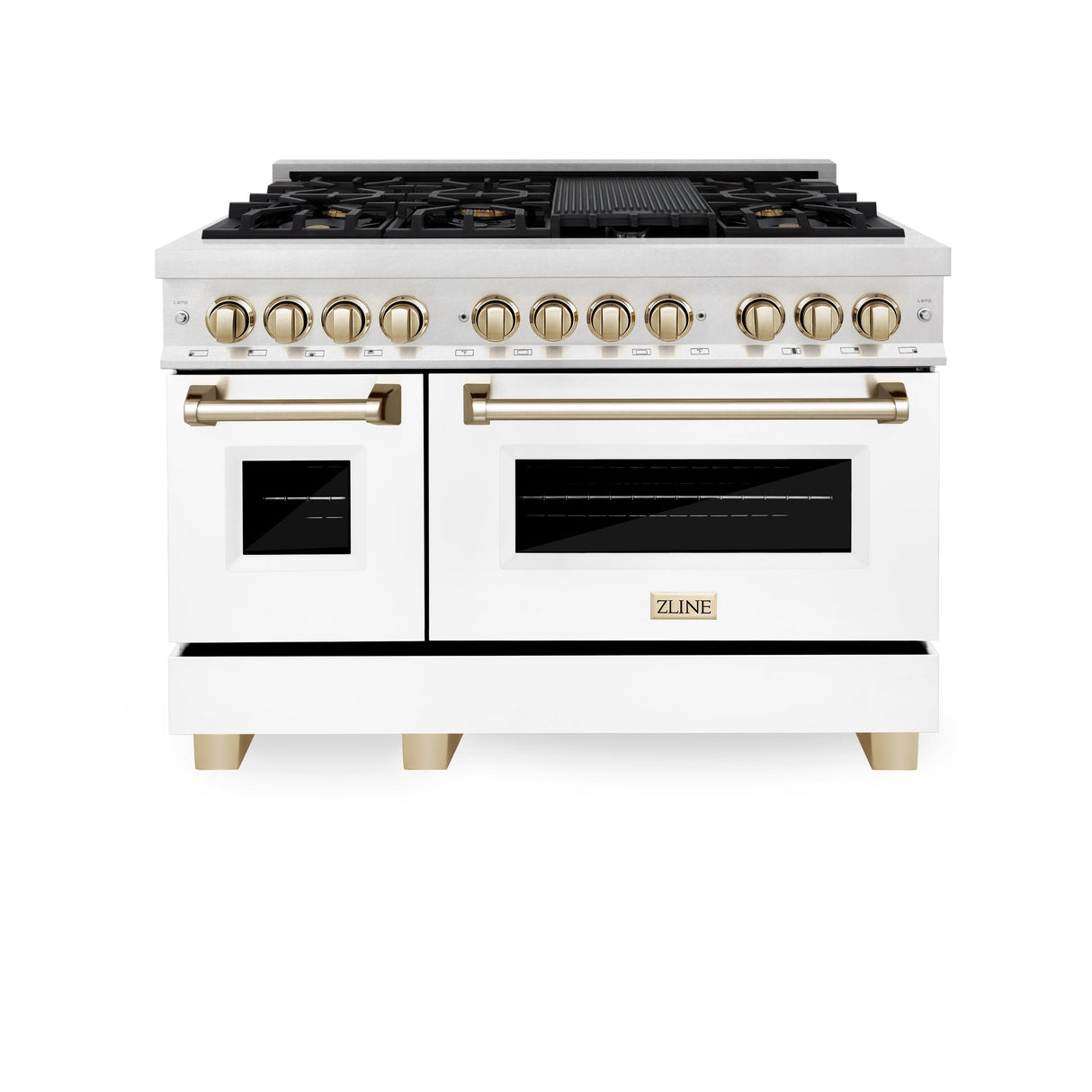 ZLINE Autograph Edition 48 in. 6.0 cu. ft. Legacy Dual Fuel Range with 7 Burner Gas Cooktop and 2 Electric Ovens in Satin Stainless Steel with White Matte Doors and Polished Gold Accents (RASZ-WM-48-G)