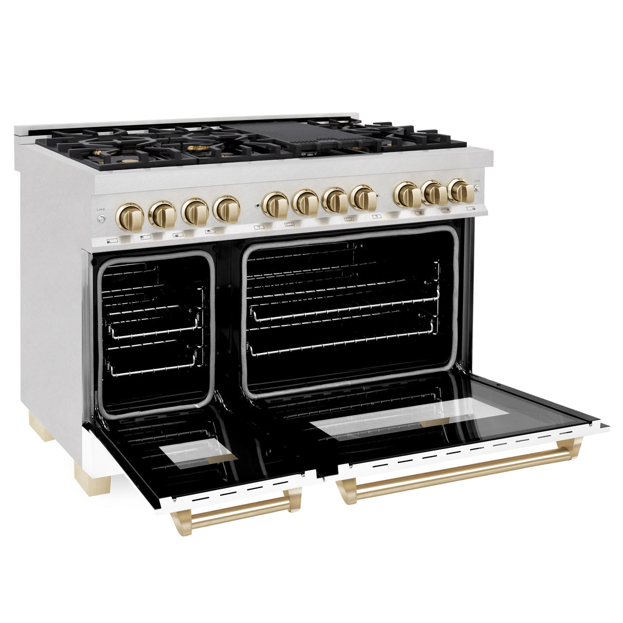 ZLINE Autograph Edition 48 in. 6.0 cu. ft. Legacy Dual Fuel Range with 7 Burner Gas Cooktop and 2 Electric Ovens in Satin Stainless Steel with White Matte Doors and Polished Gold Accents (RASZ-WM-48-G)