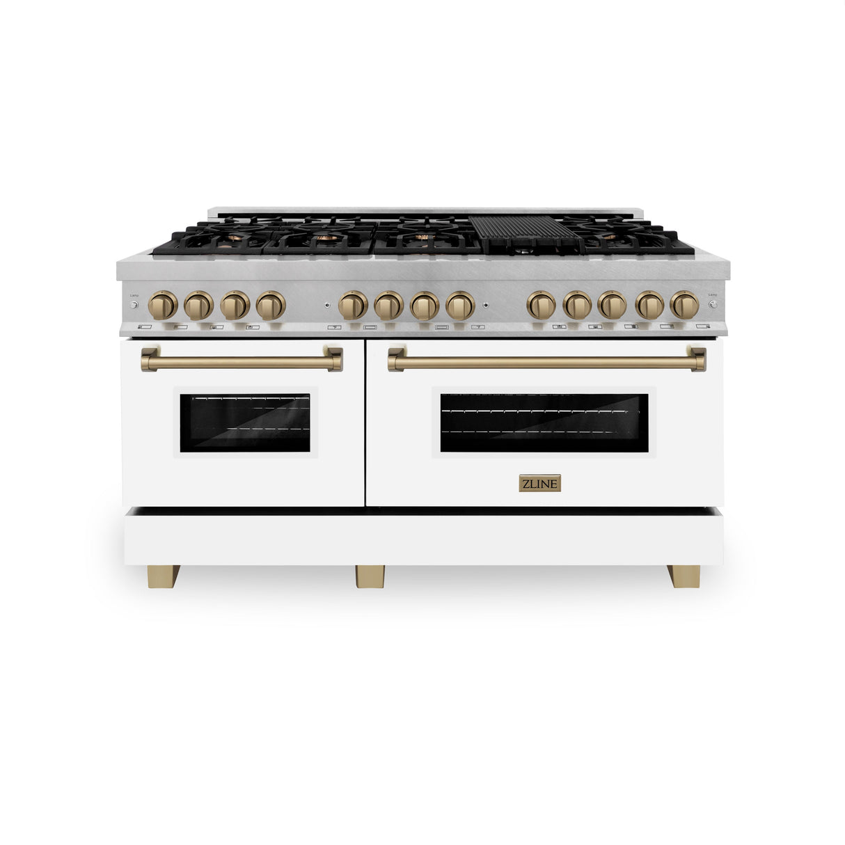 ZLINE Autograph Edition 60 in. 7.4 cu. ft. Legacy Dual Fuel Range with 9 Burner Gas Cooktop and 2 Electric Convection Ovens in Satin Stainless Steel with White Matte Doors and Champagne Bronze Accents (RASZ-WM-60-CB)